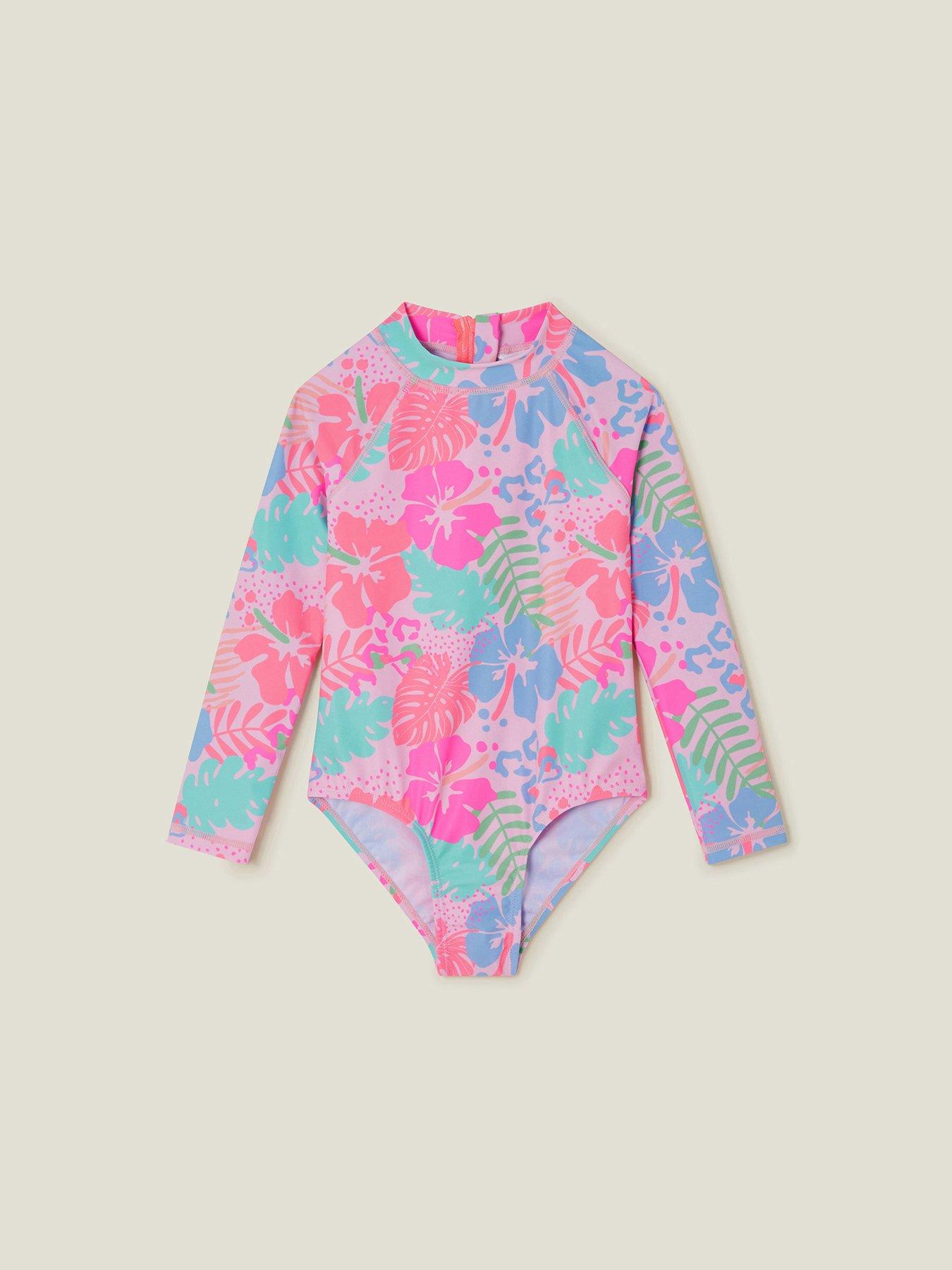  image of accessorize-girls-tropical-long-sleeve-swimsuit-pink