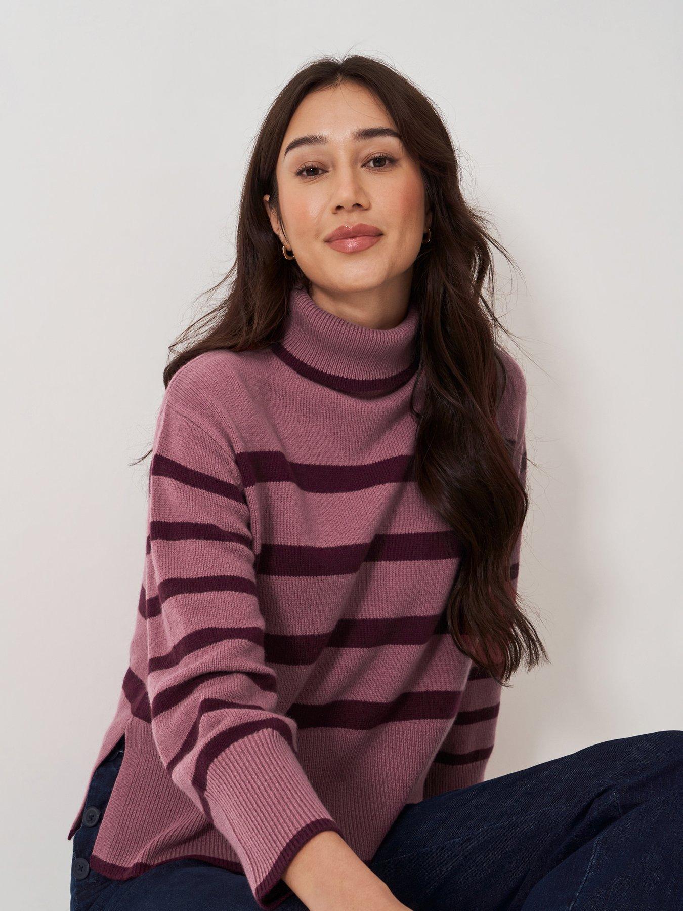  image of crew-clothing-roll-neck-wide-sleeve-stripe-jumper-pink