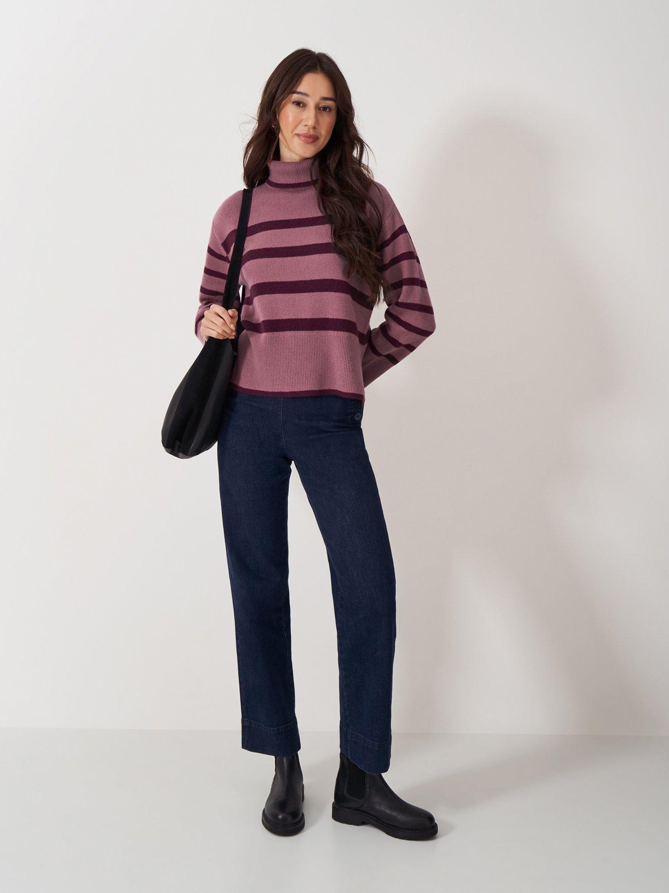  image of crew-clothing-roll-neck-wide-sleeve-stripe-jumper-pink