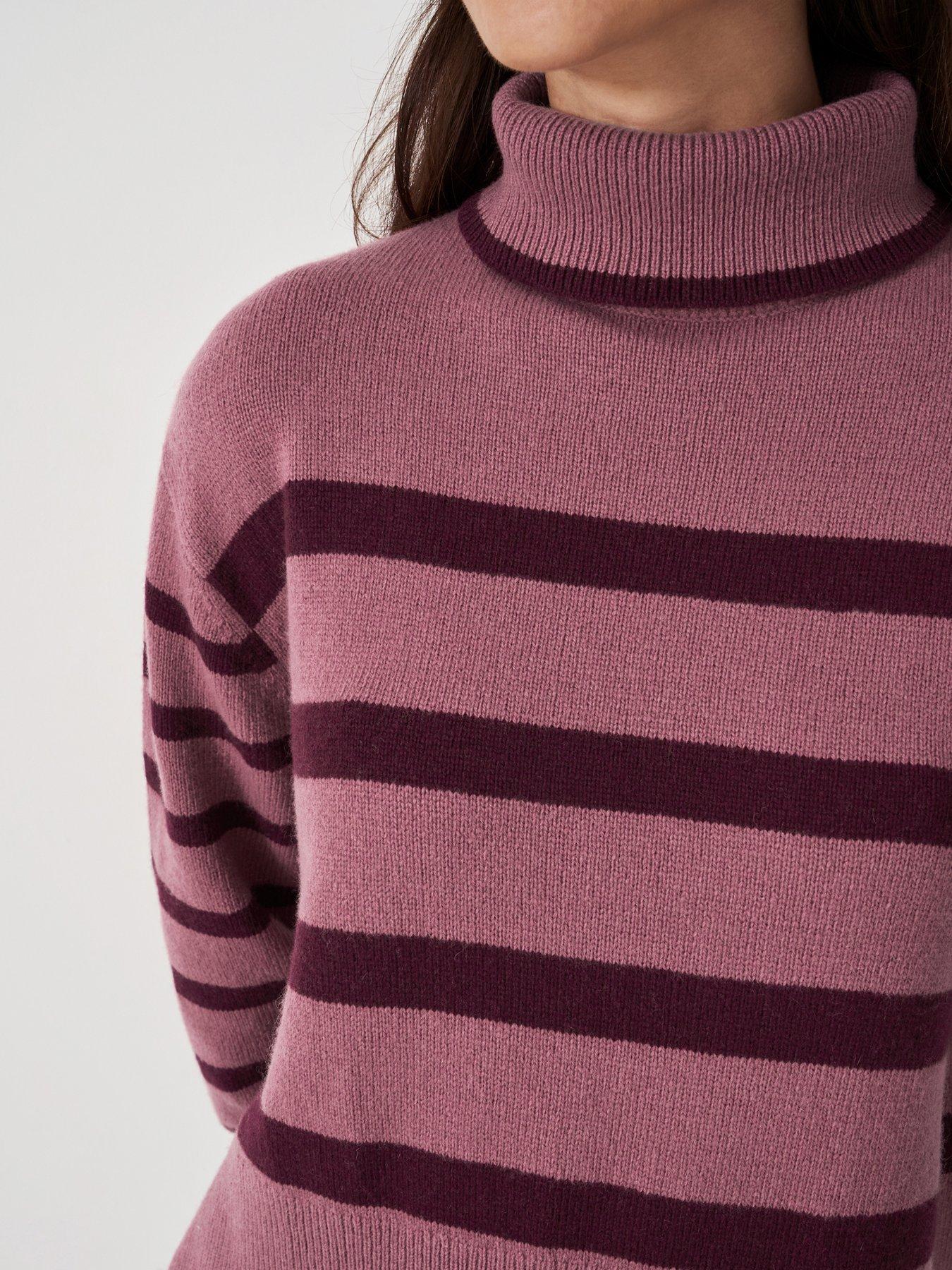  image of crew-clothing-roll-neck-wide-sleeve-stripe-jumper-pink