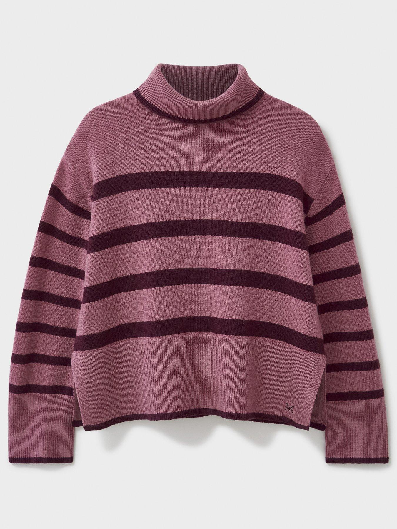 image of crew-clothing-roll-neck-wide-sleeve-stripe-jumper-pink