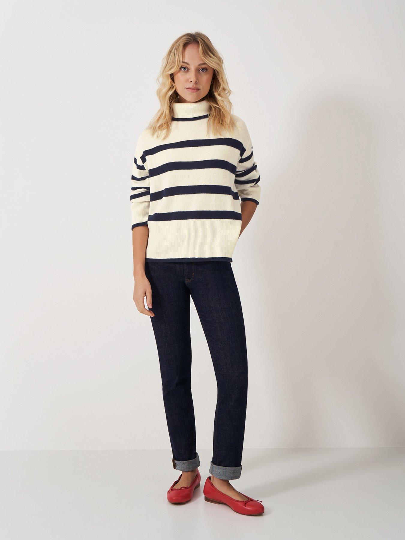  image of crew-clothing-roll-neck-wide-sleeve-stripe-jumper-white