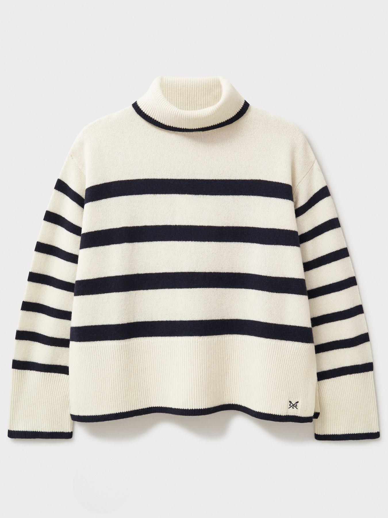  image of crew-clothing-roll-neck-wide-sleeve-stripe-jumper-white