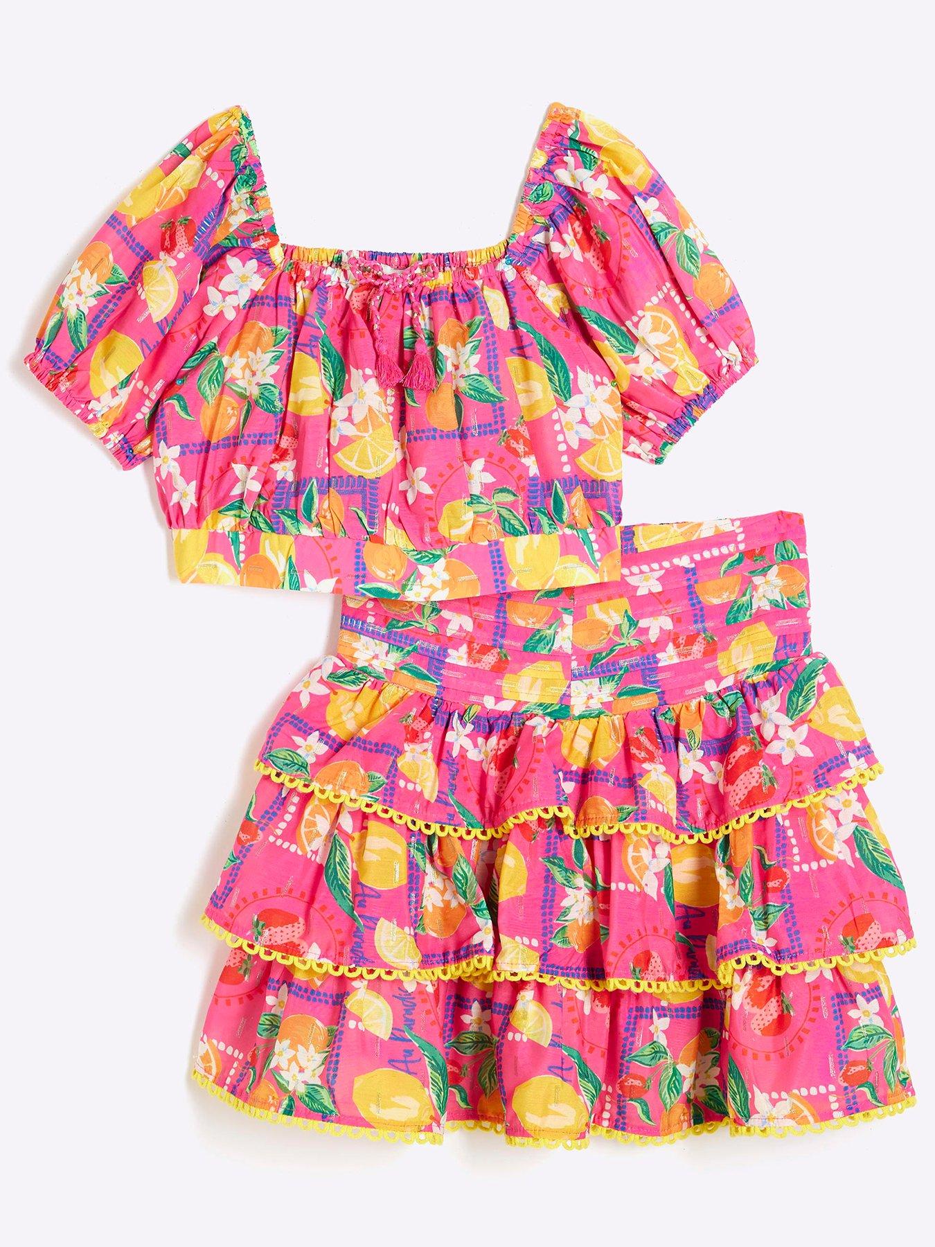 undefined Girls Fruit Print Skirt Set - Bright Pink