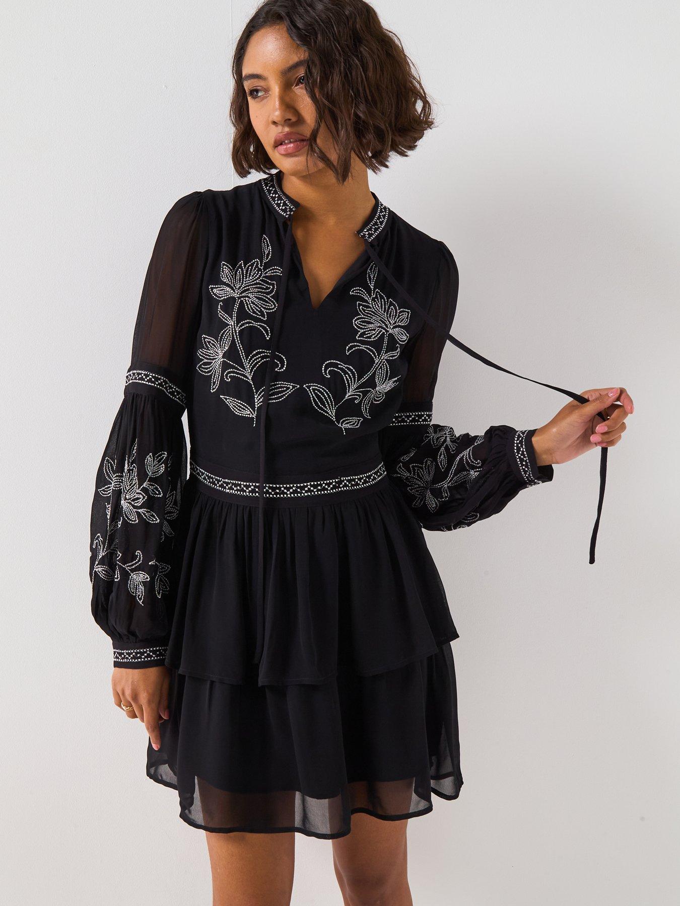 V by Very Embroidered Tie Neck Mini Dress - Black | Littlewoods