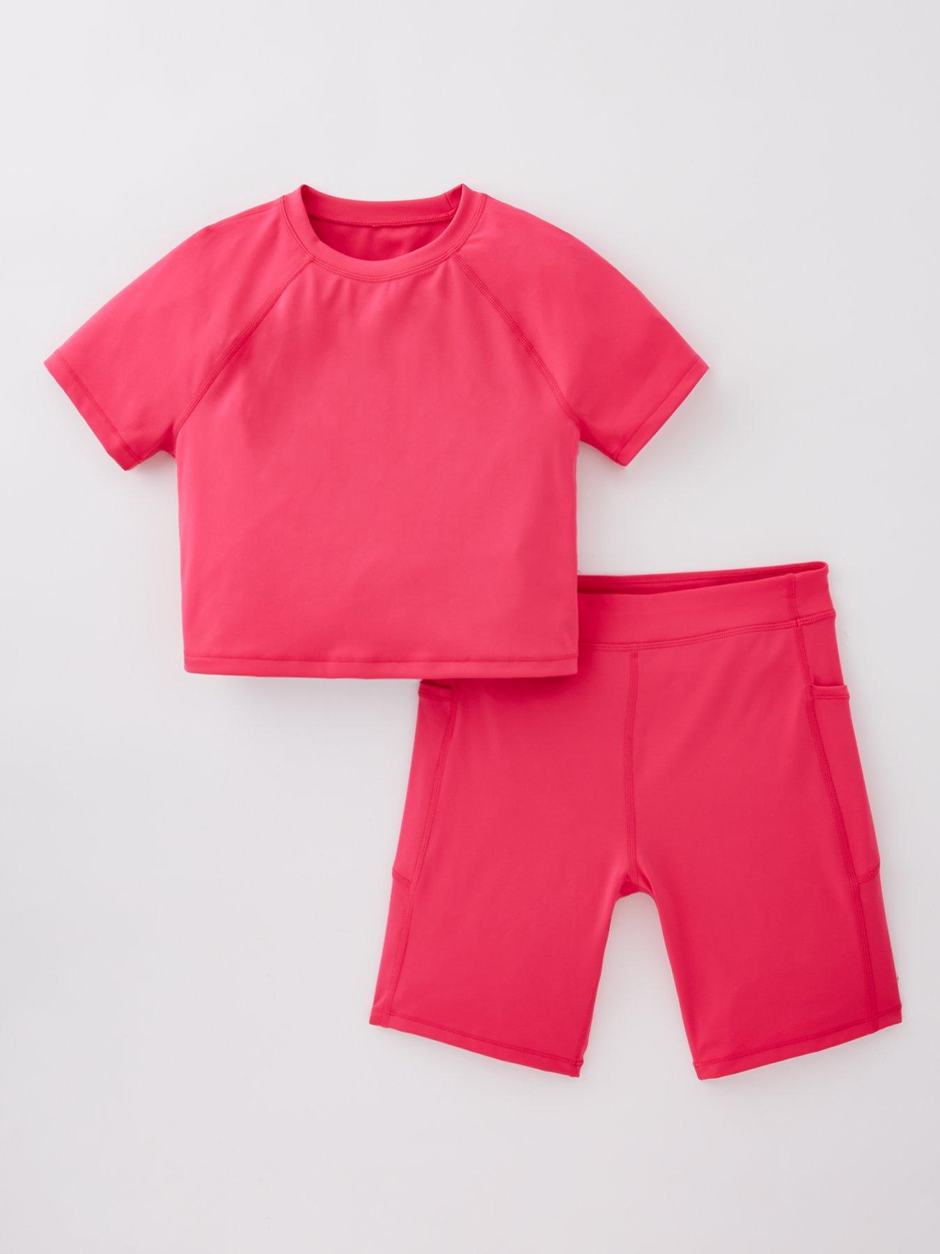 front image of v-by-very-girls-short-sleeve-and-cycling-short-activewear-set-pink