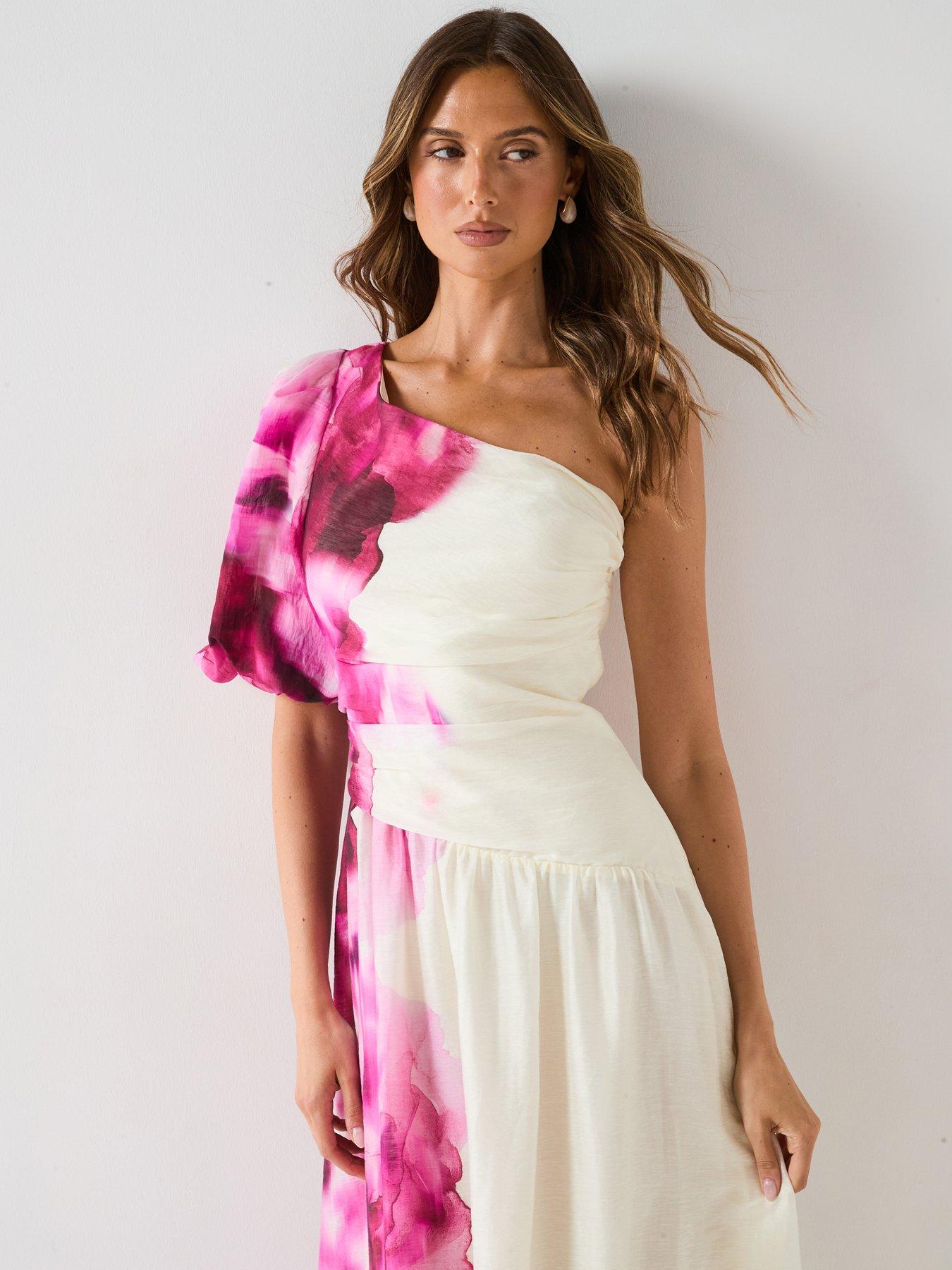undefined One Shoulder Cut Out Printed Midi Dress - Print