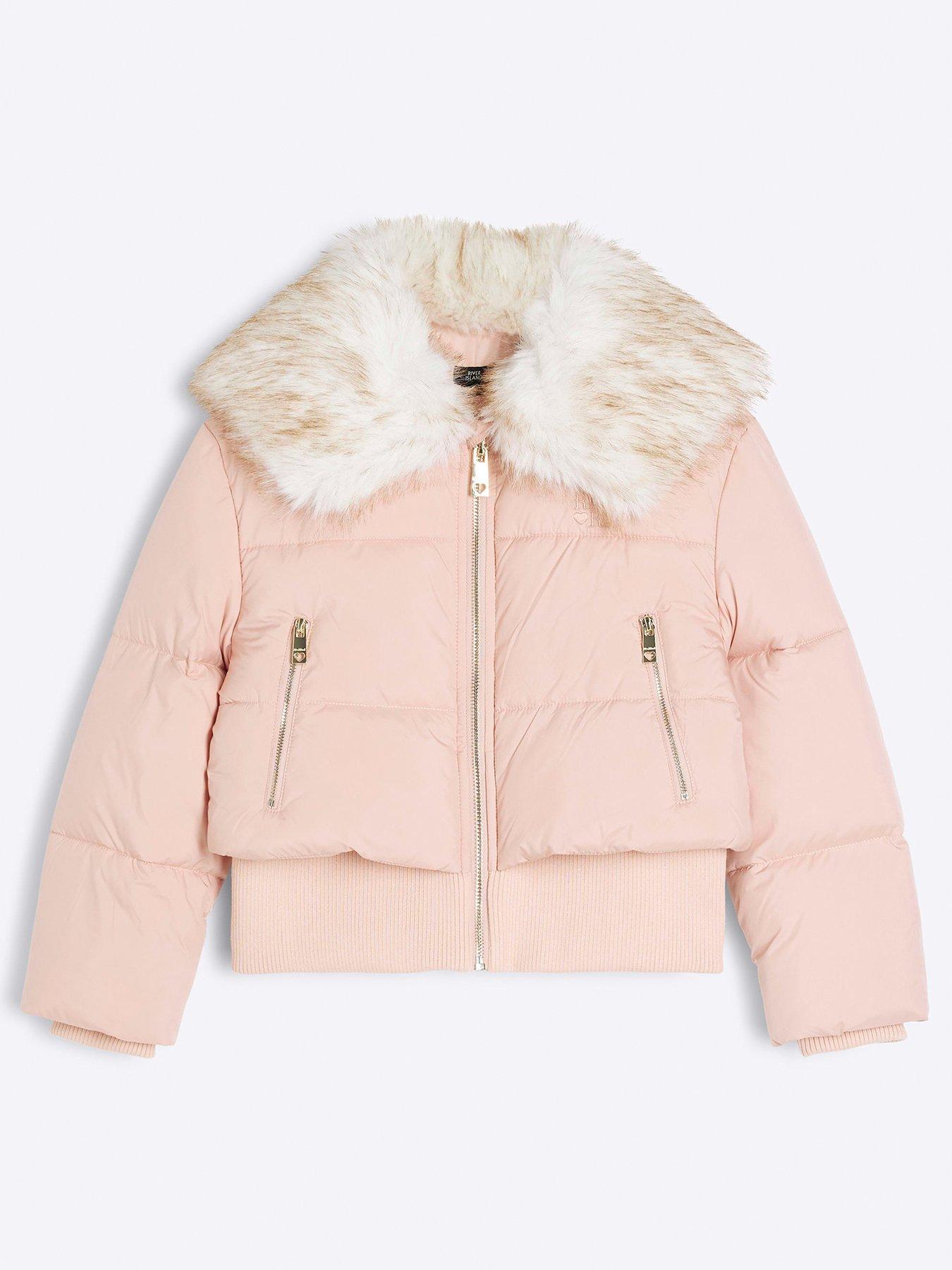 undefined Girls Short Padded Faux Fur Trim Coat - Pink