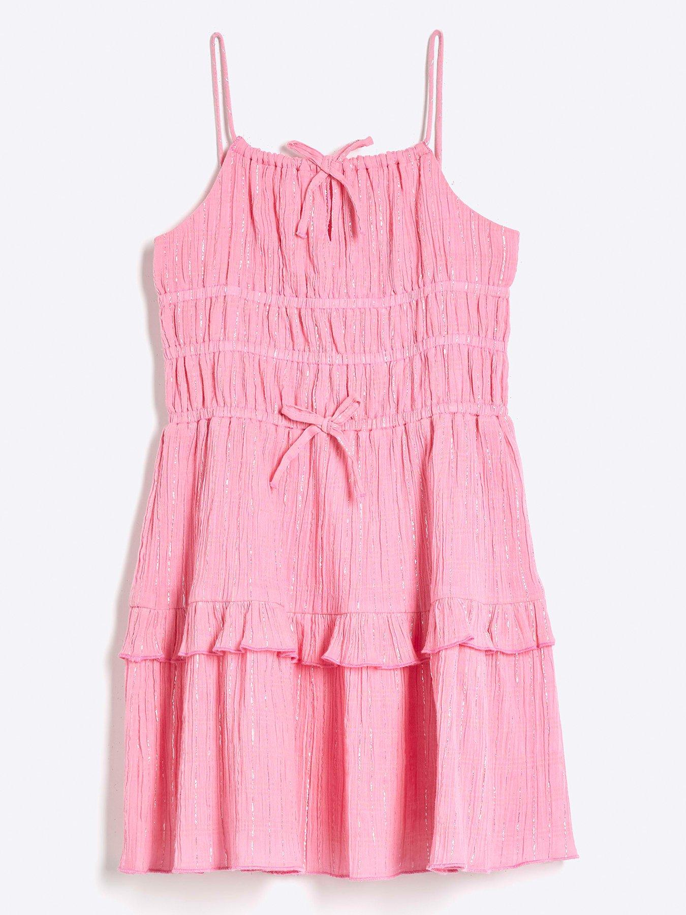 River Island Girls Tiered Shimmer Beach Dress Bright Pink
