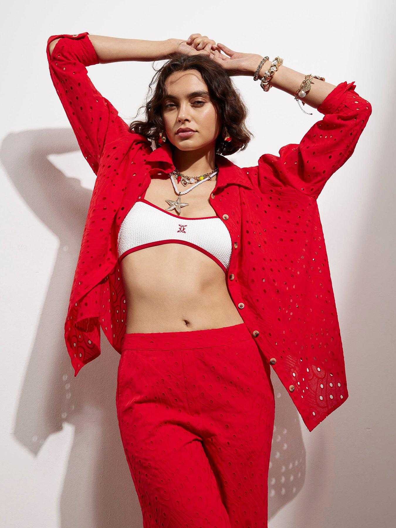 front image of river-island-oversized-broderie-shirt-red