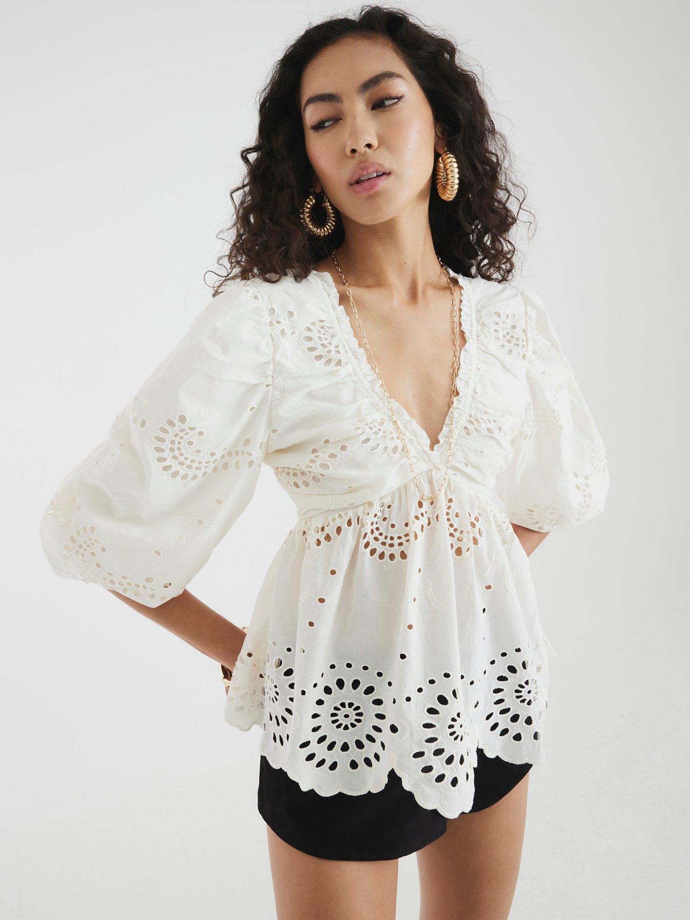 River Island Mid Sleeve Broderie Blouse - Cream