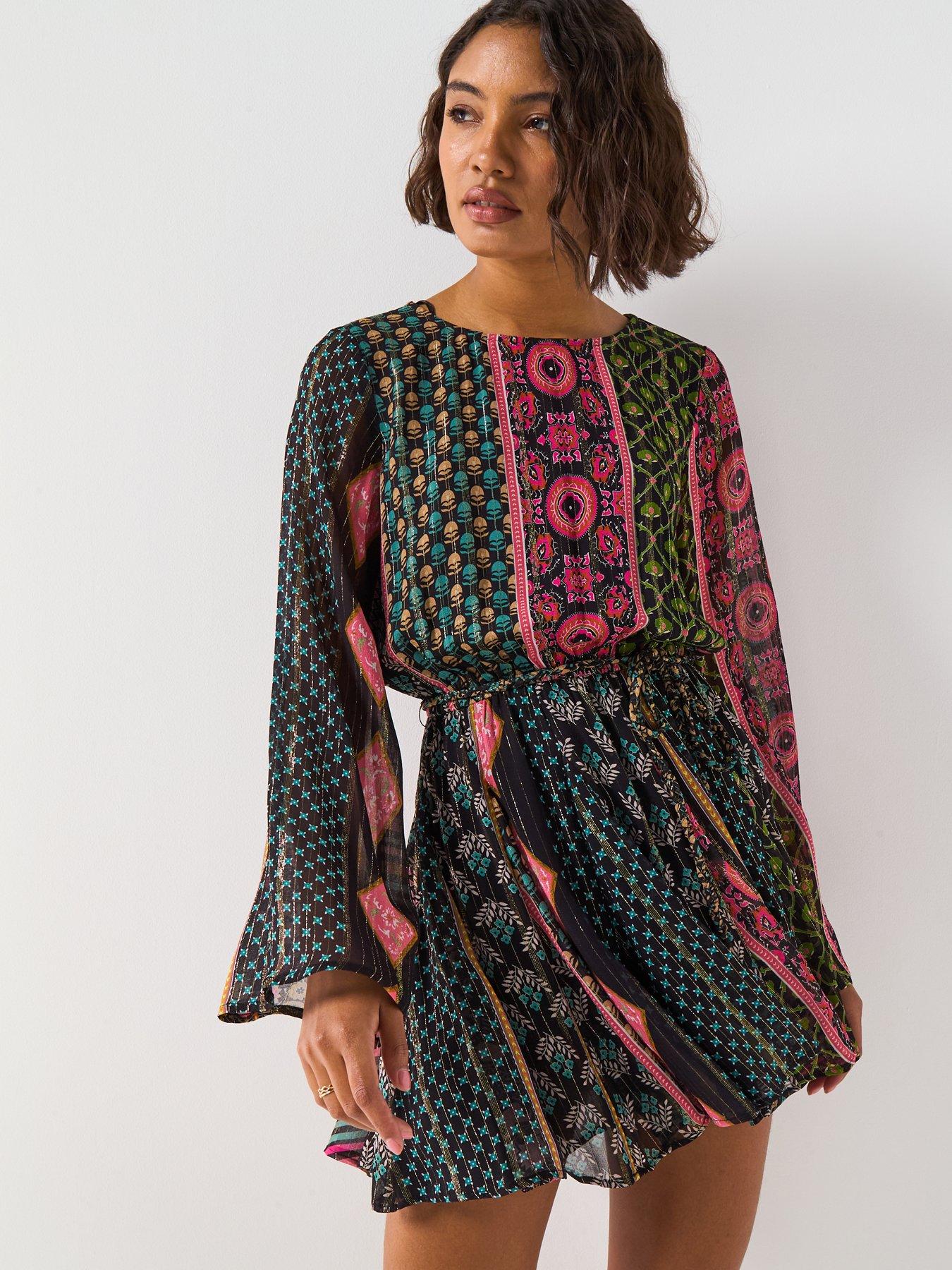 Image 1 of 6 of V by Very Lurex Aztec Belted Mini Dress - Print