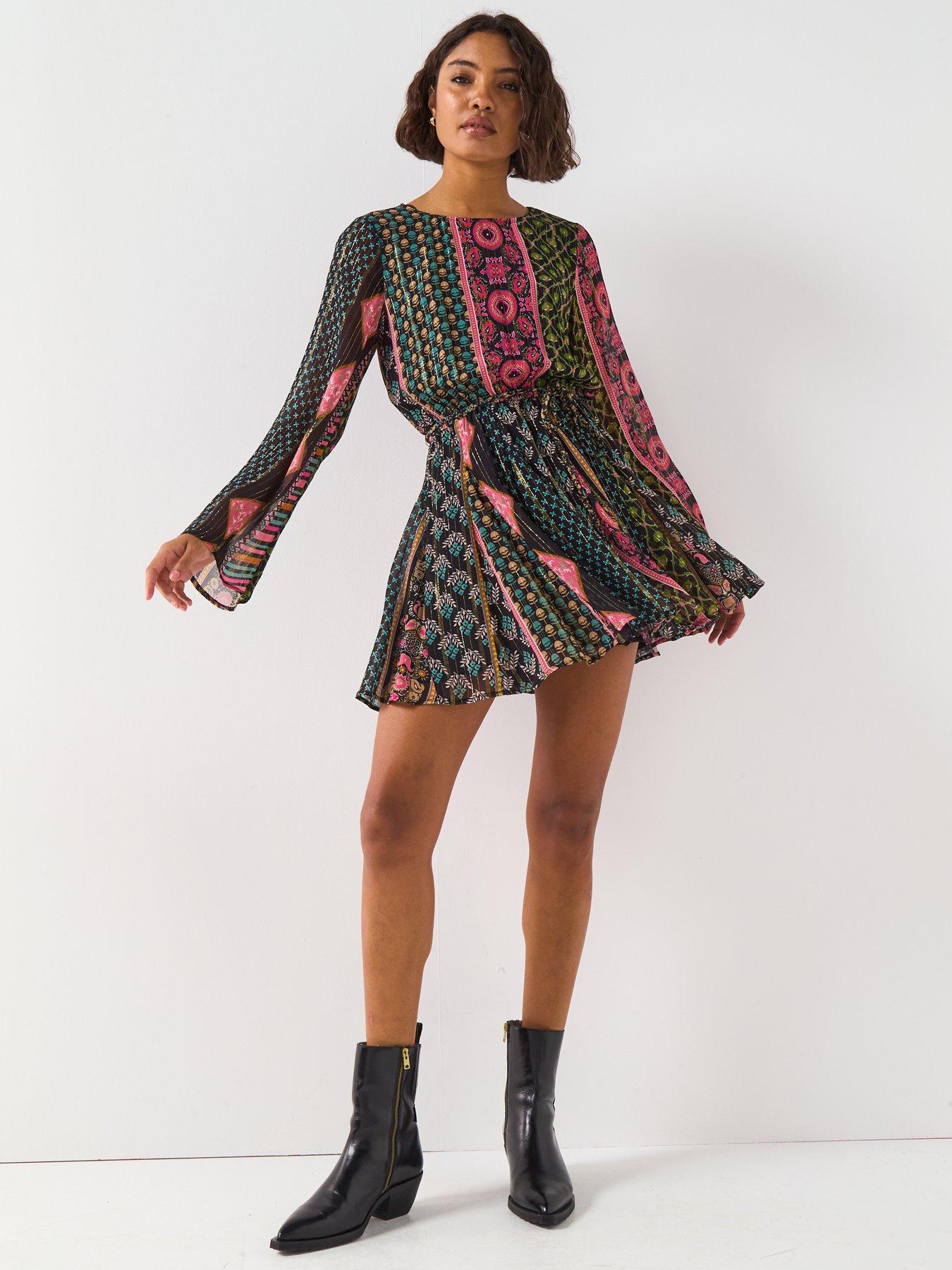 Image 3 of 6 of V by Very Lurex Aztec Belted Mini Dress - Print