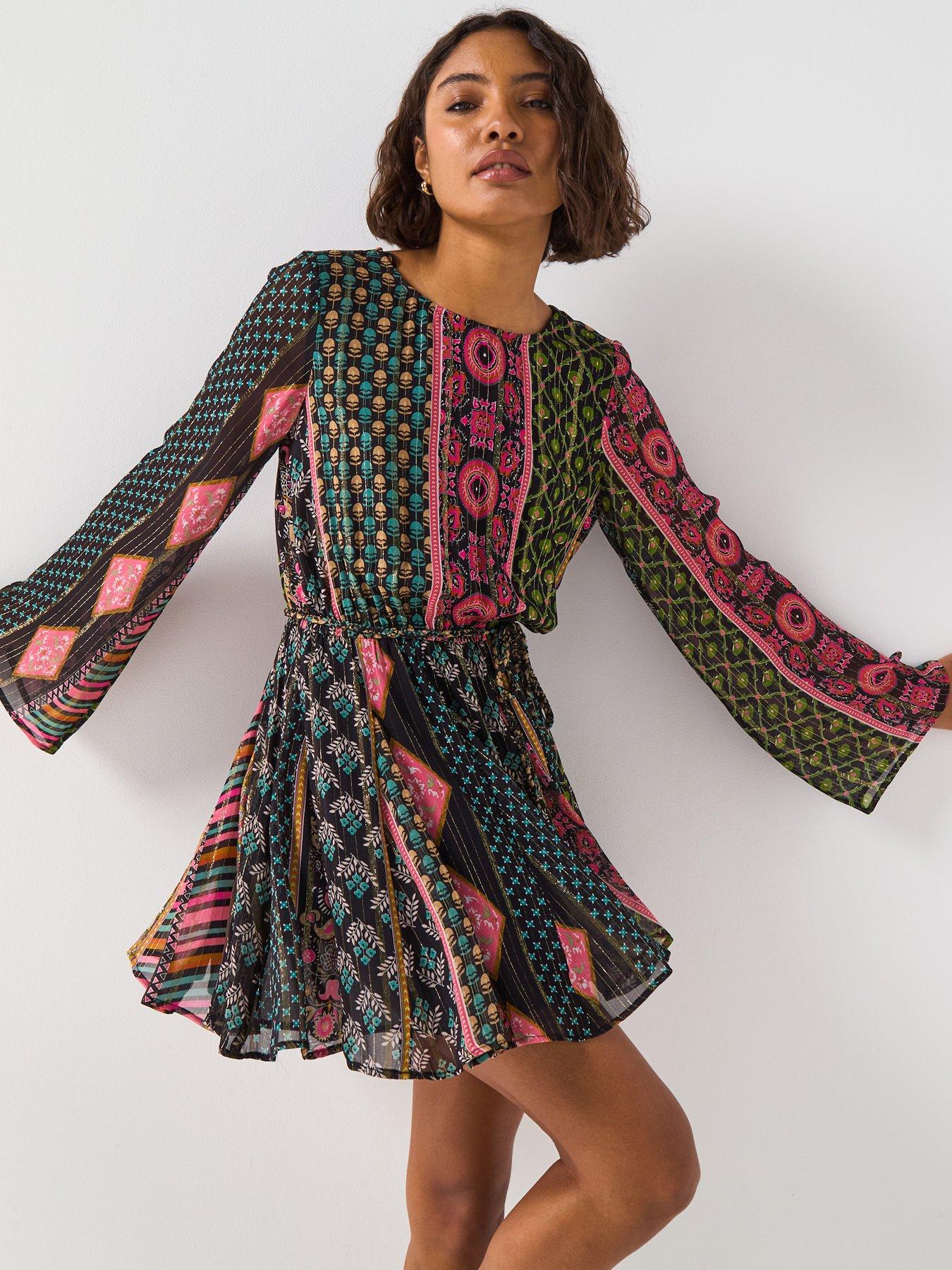 Image 6 of 6 of V by Very Lurex Aztec Belted Mini Dress - Print