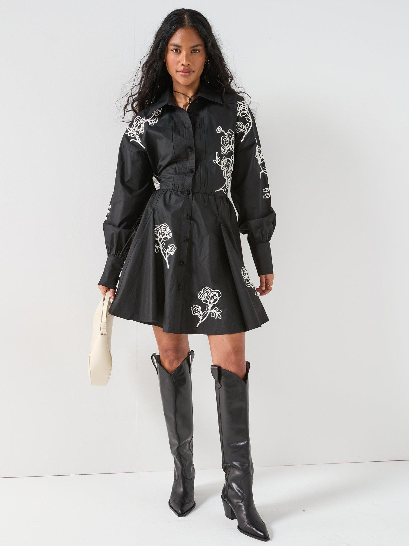undefined Contrast Embroidered Mini Shirt Dress - Black