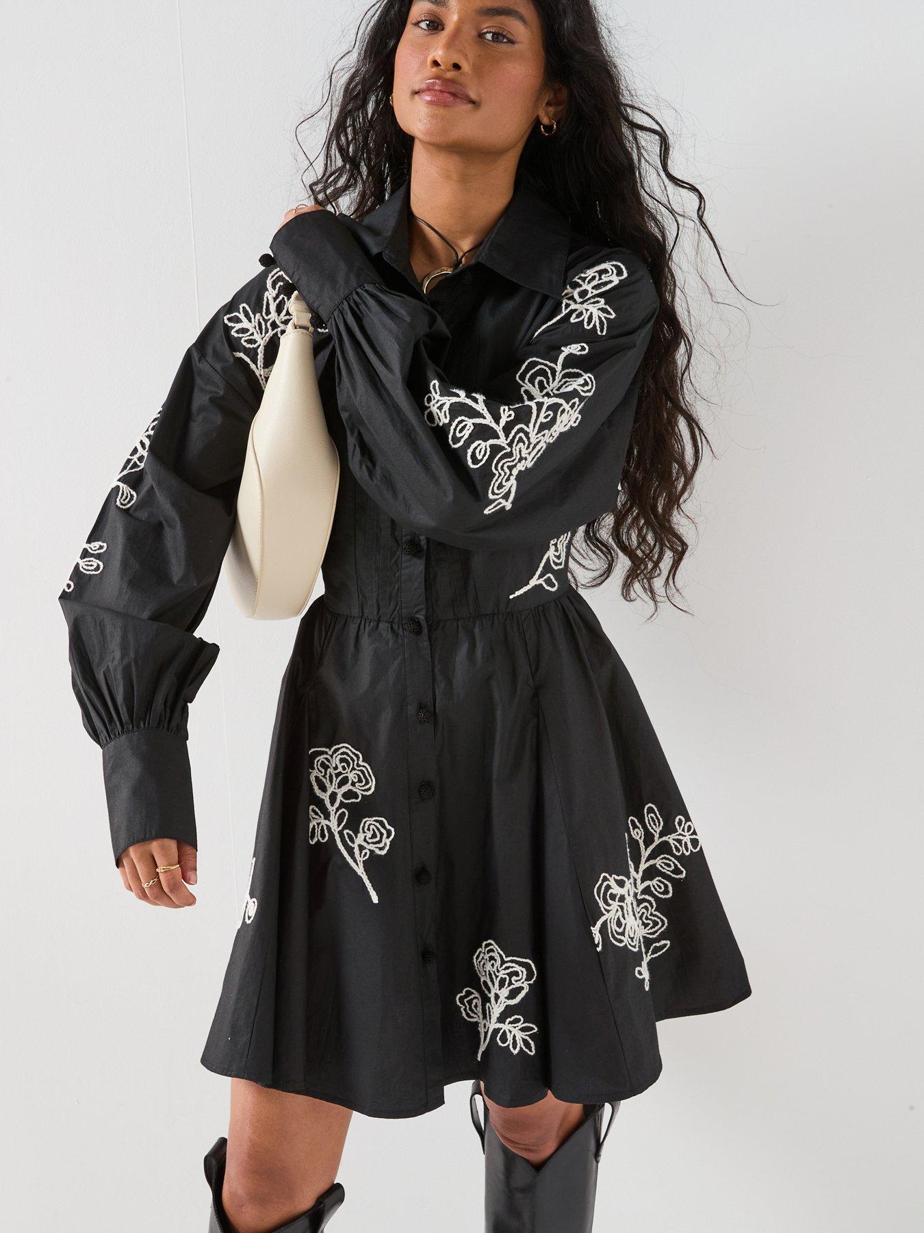 Image 3 of 6 of V by Very Contrast Embroidered Mini Shirt Dress - Black