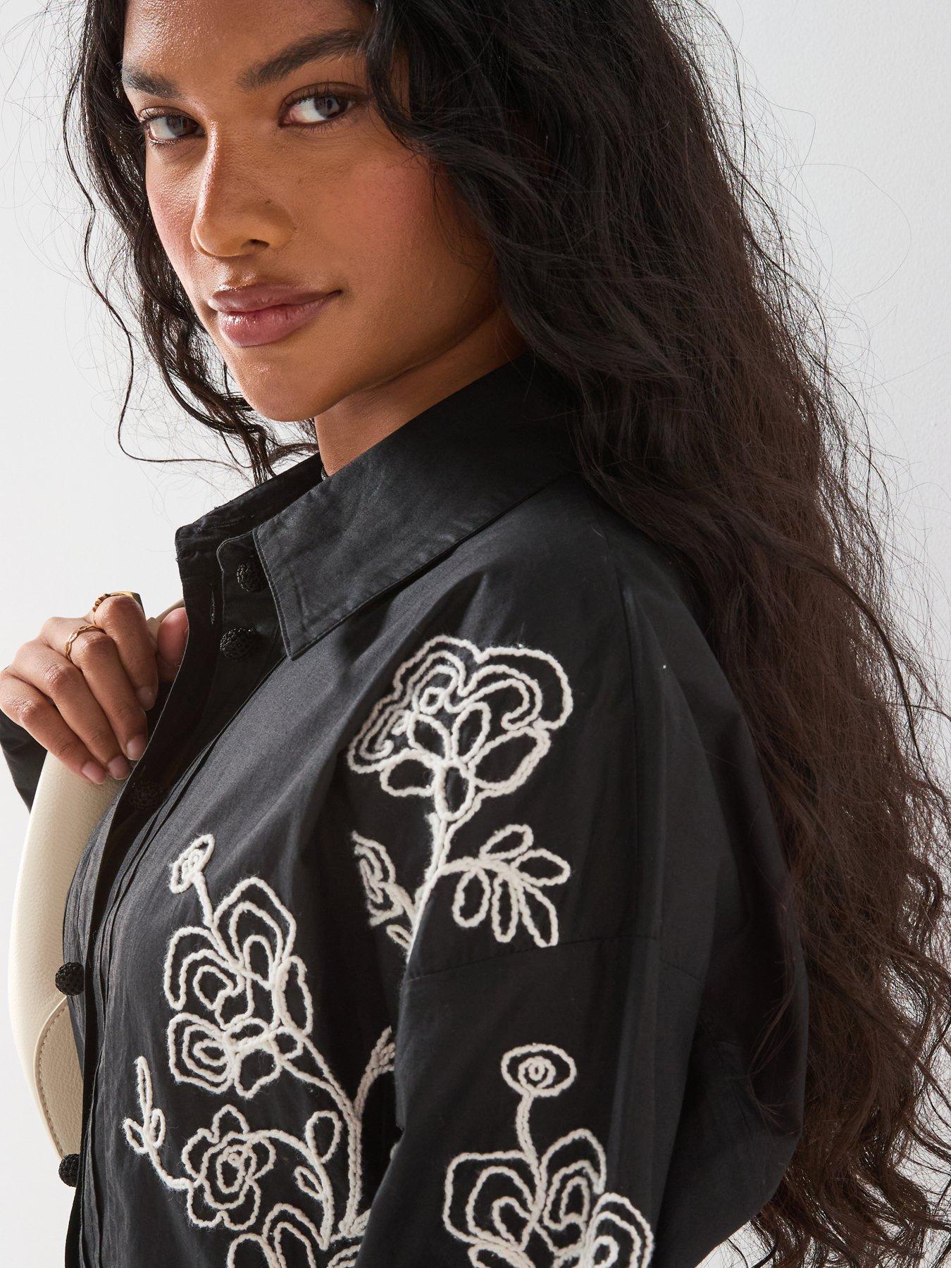 Image 4 of 6 of V by Very Contrast Embroidered Mini Shirt Dress - Black