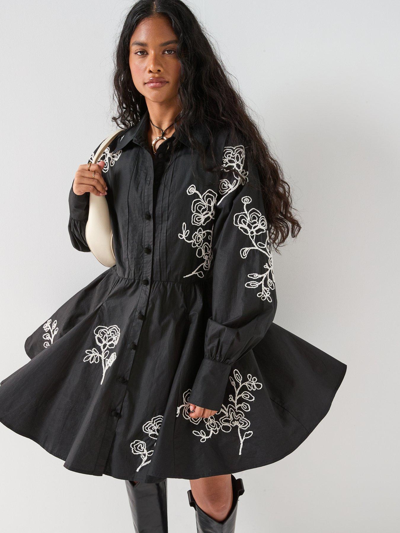 Image 6 of 6 of V by Very Contrast Embroidered Mini Shirt Dress - Black