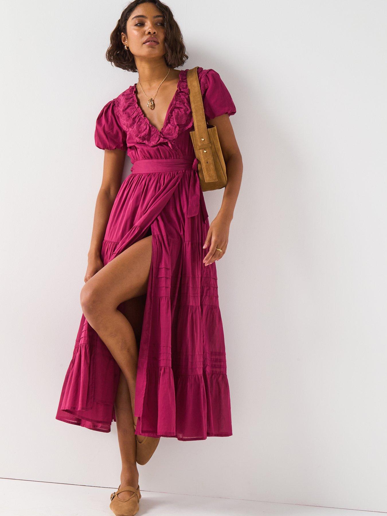 undefined Wrap embroidered tiered midi dress