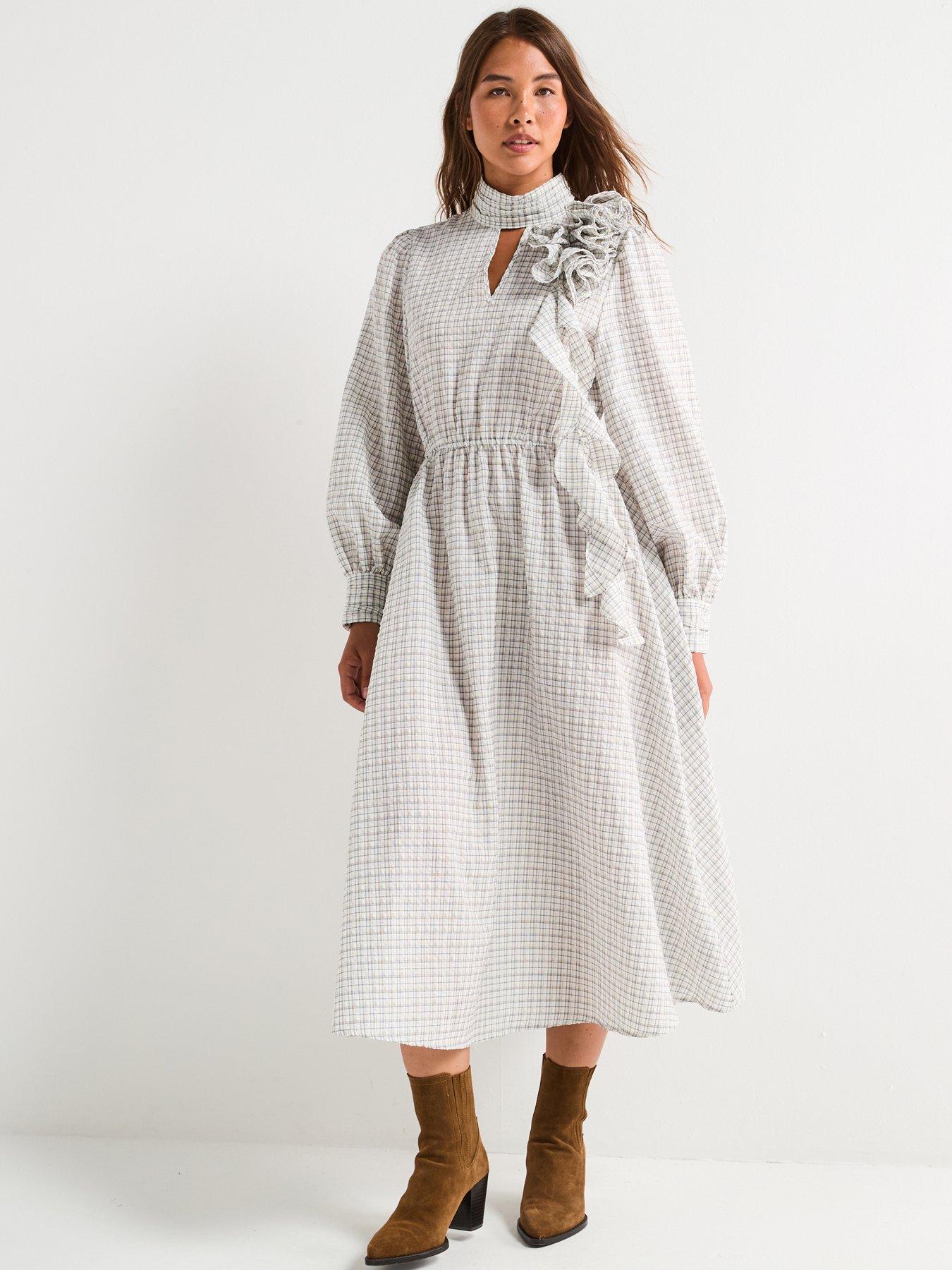 undefined Checked Ruffle Midi Dress