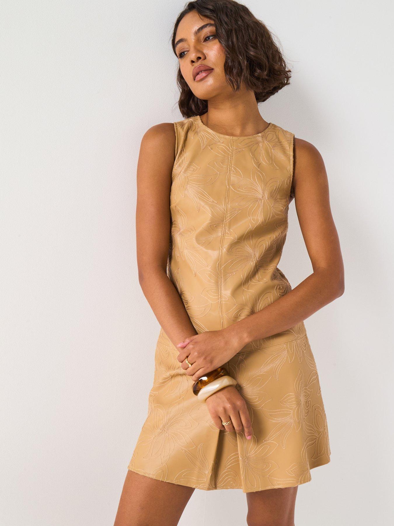 Image 1 of 6 of V by Very PU Embroidered Shift Dress - Beige