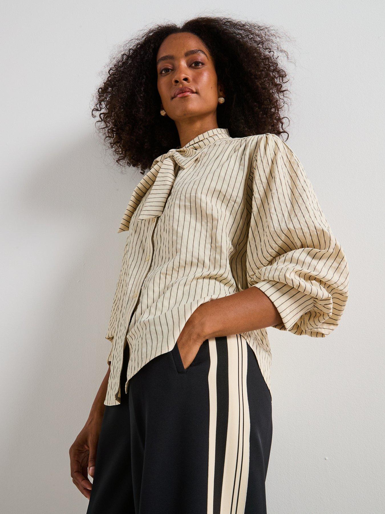 V by Very Stripe Tie Balloon Sleeve Blouse - Cream