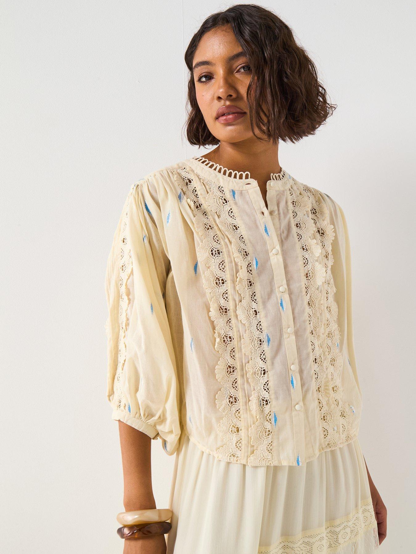 undefined Lace Insert Balloon Sleeve Foil Blouse - Cream