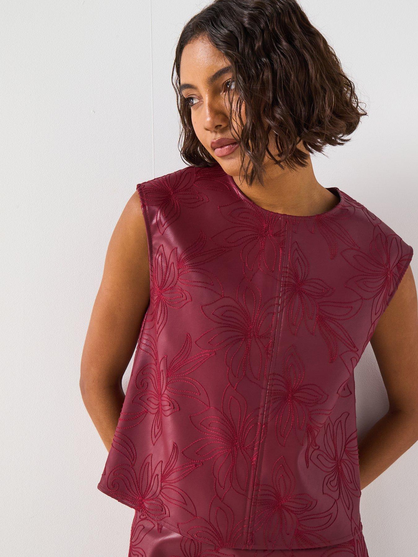 undefined Embroidered PU Blouse - Burgundy