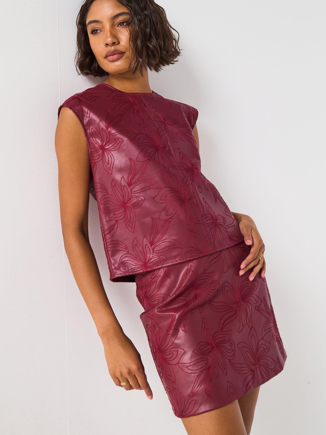 Image 5 of 6 of V by Very Embroidered Pu Mini Skirt - Burgundy