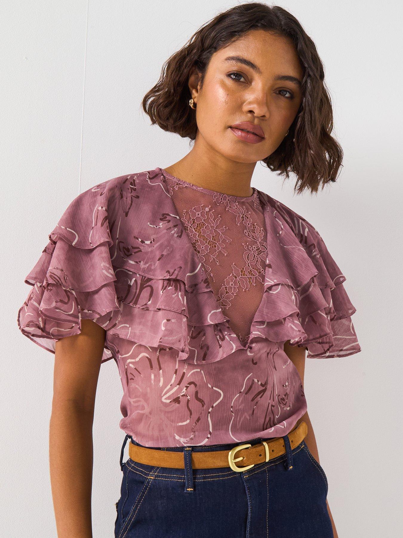  image of v-by-very-lace-insert-cape-frill-blousenbsp--pink