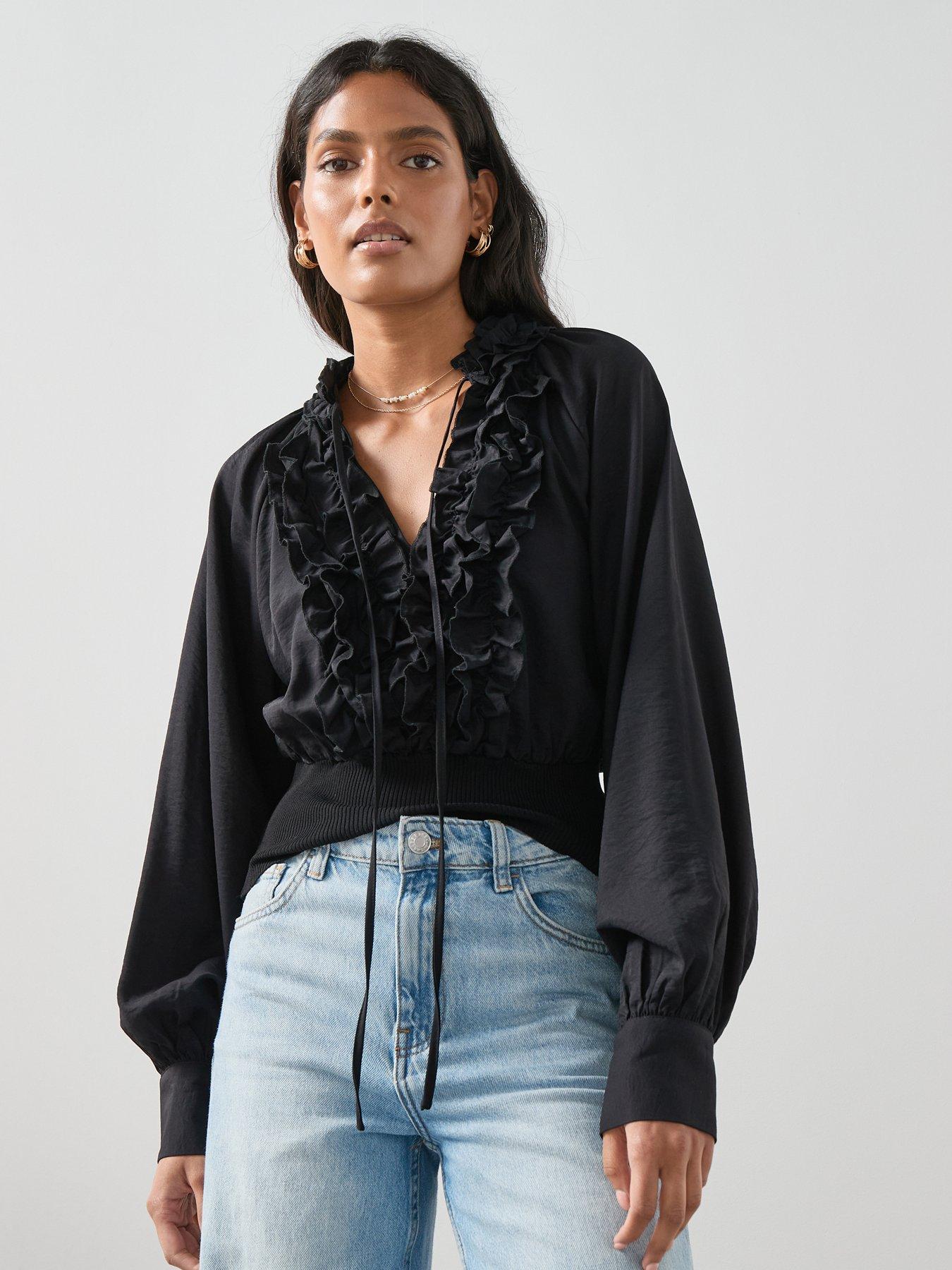Image 1 of 6 of The Very Collection Ruffle Rib Bottom Blouse - Black