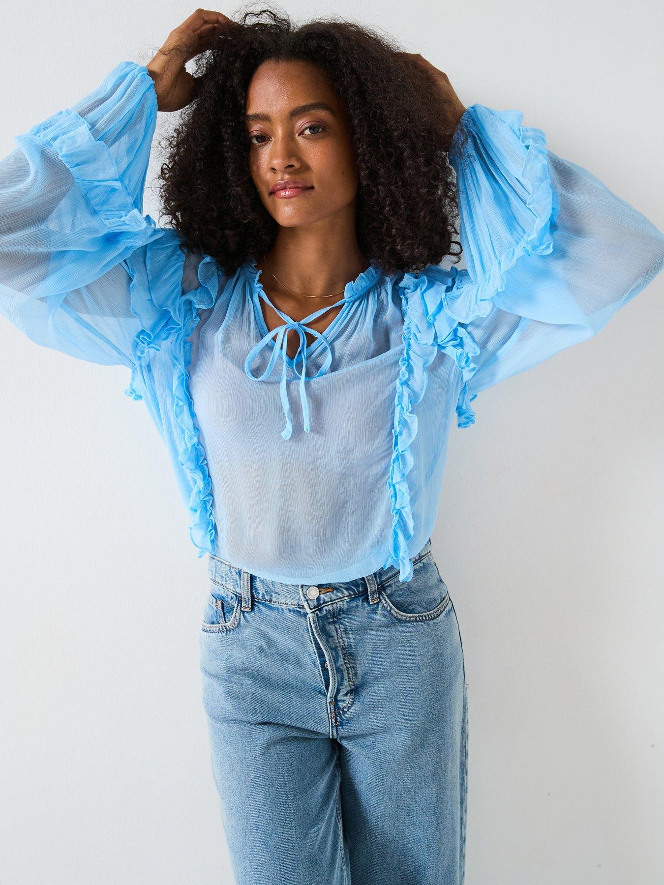 undefined Seersucker Ruffle Blouse - Blue