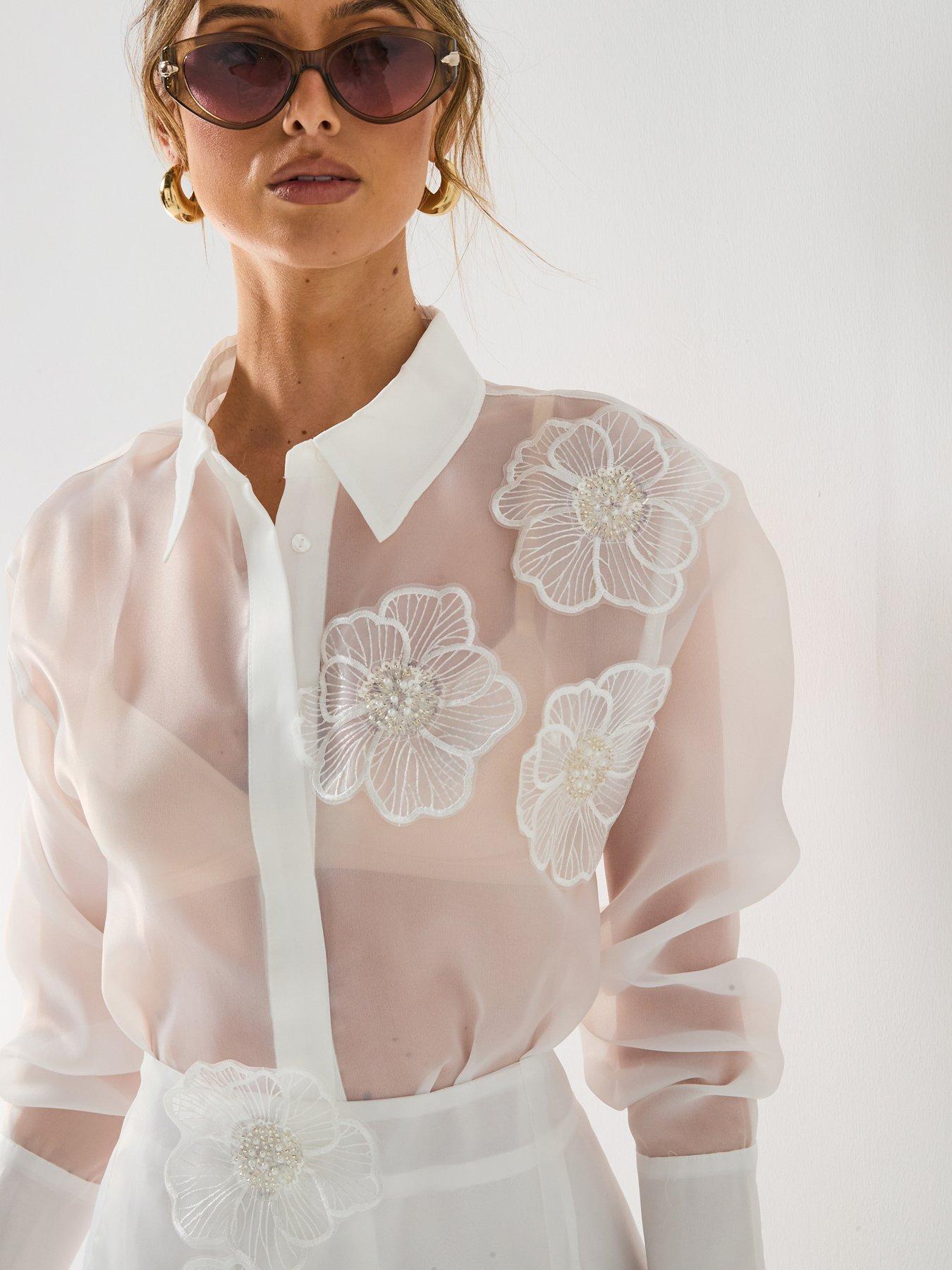 V by Very Sheer 3D Flower Shirt - White | Littlewoods
