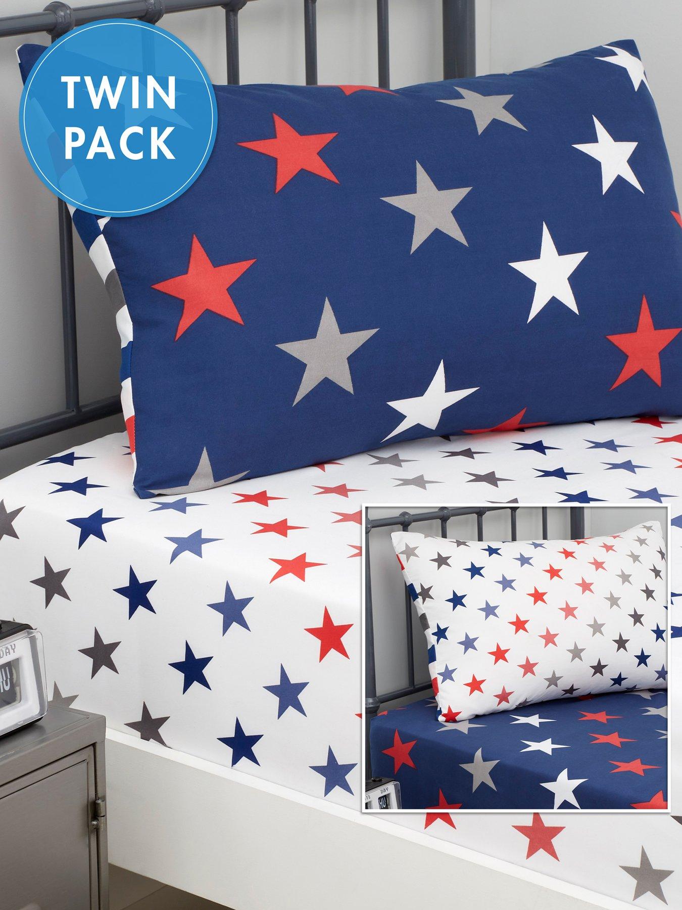  image of catherine-lansfield-stripes-and-stars-fitted-sheets-twin-pack