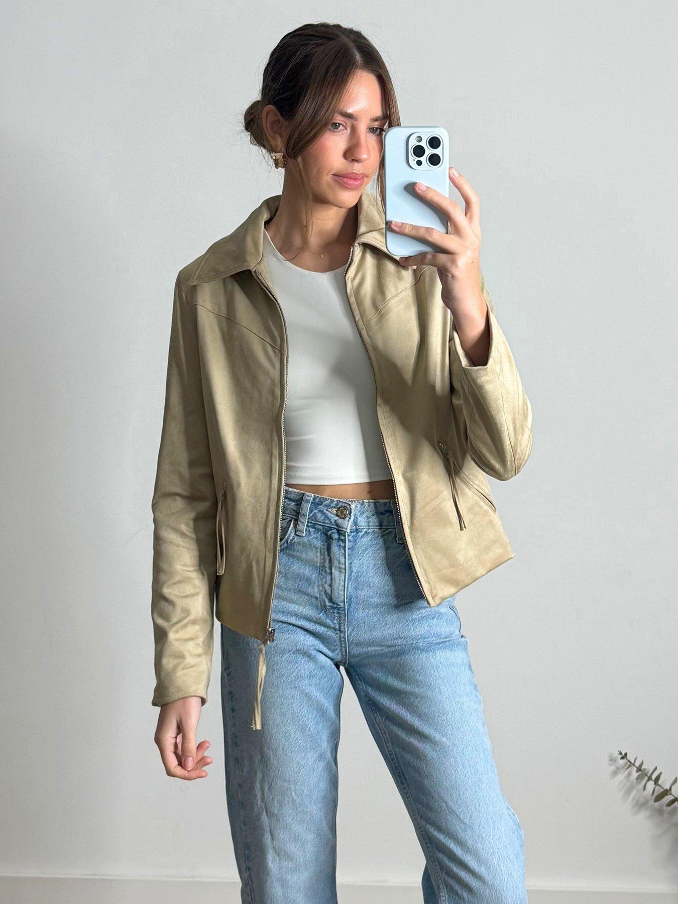 undefined Suedette Zip Up Jacket - Beige