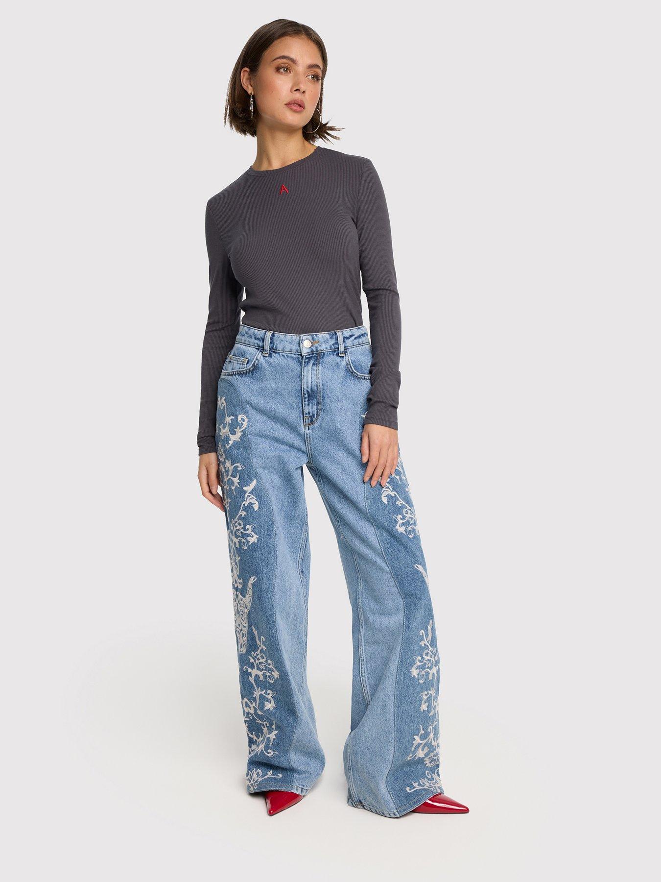 Image 1 of 6 of Alix the Label Flower Bull Denim Pants - Blue