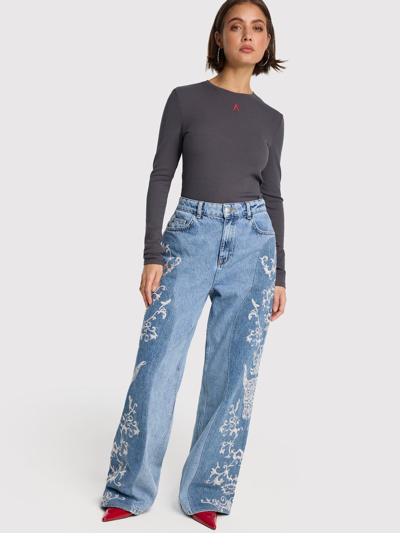 Image 3 of 6 of Alix the Label Flower Bull Denim Pants - Blue