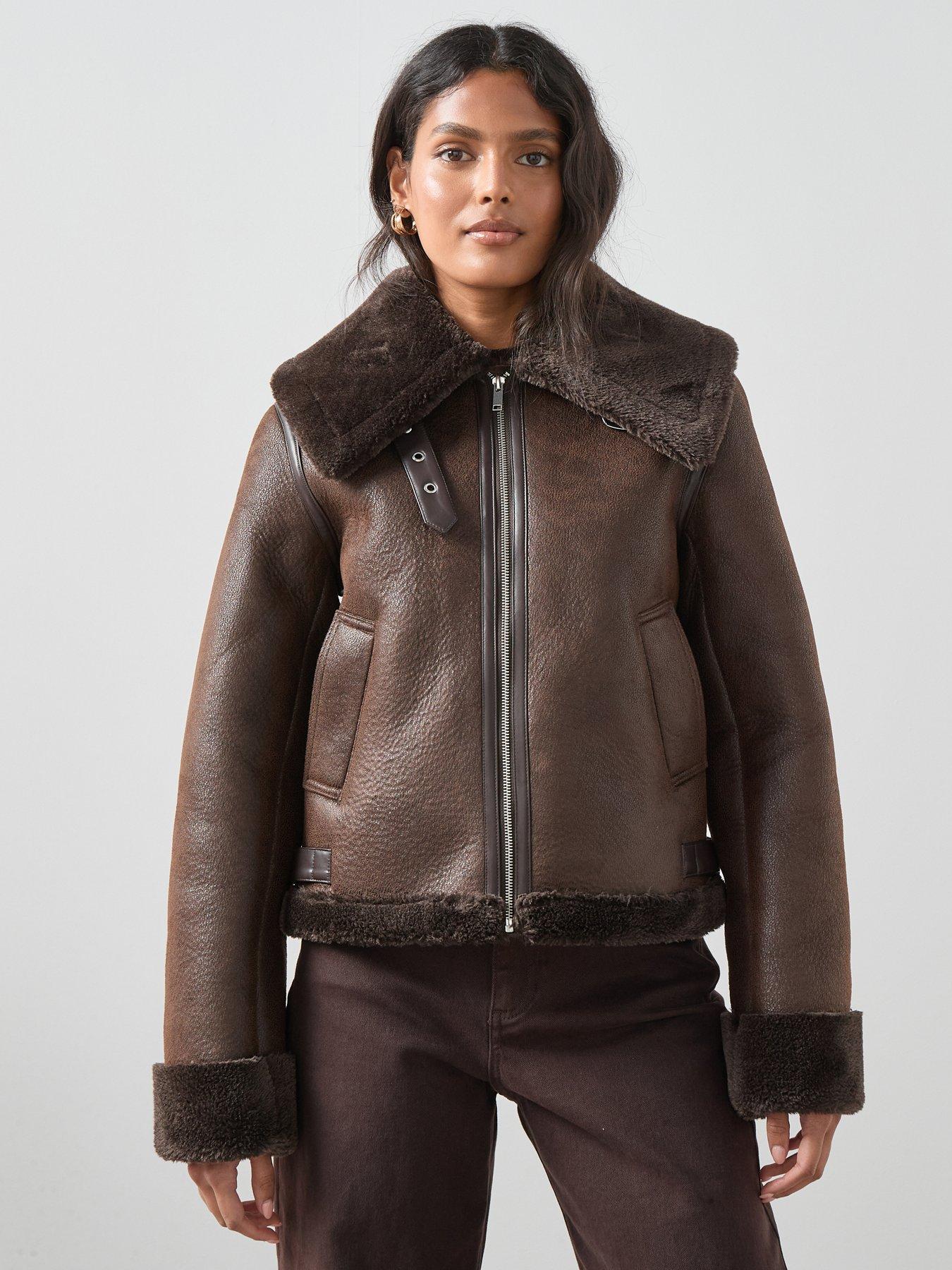 undefined Faux Shearling Aviator Jacket - Brown