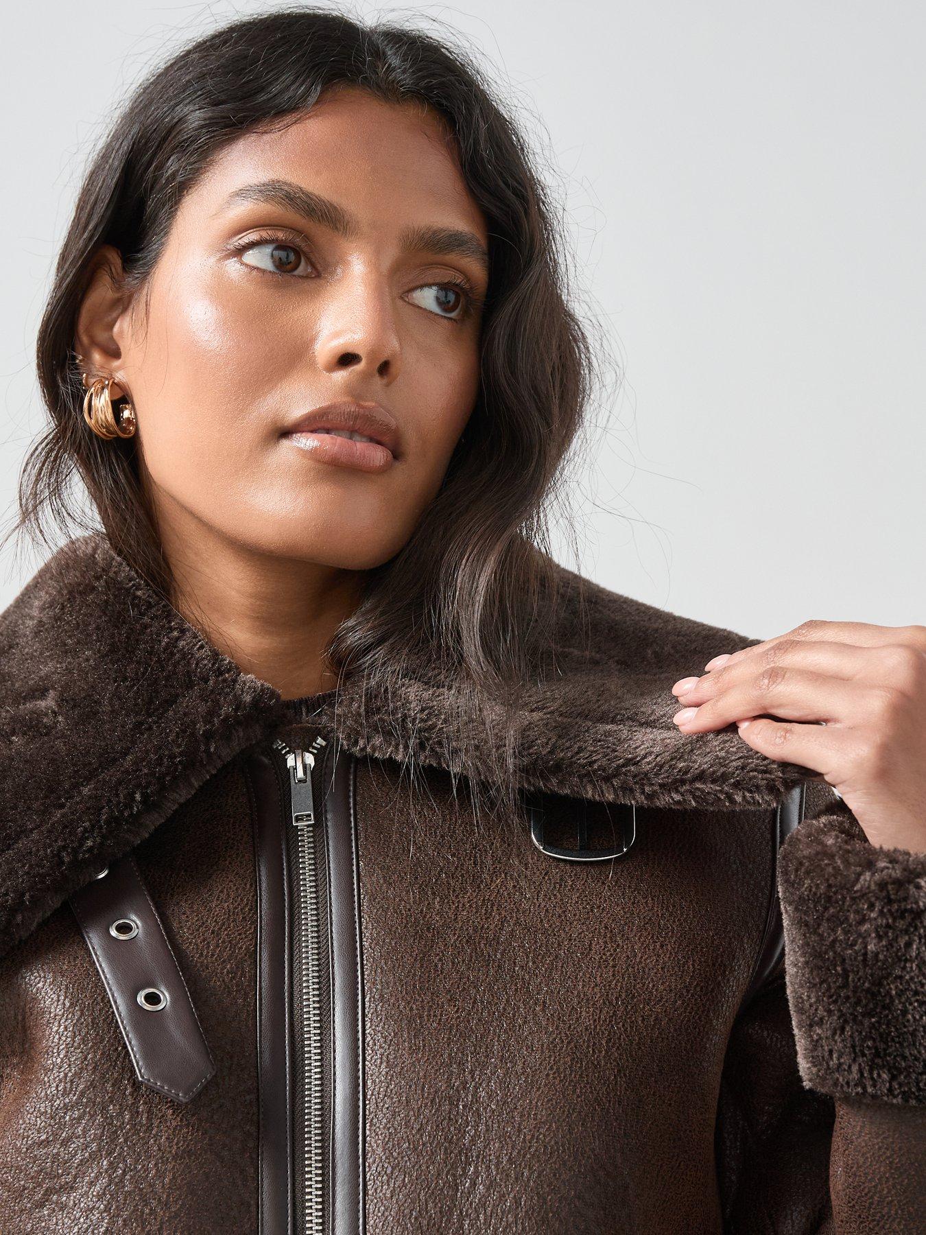 Image 4 of 6 of The Very Collection Faux Shearling Aviator Jacket - Brown