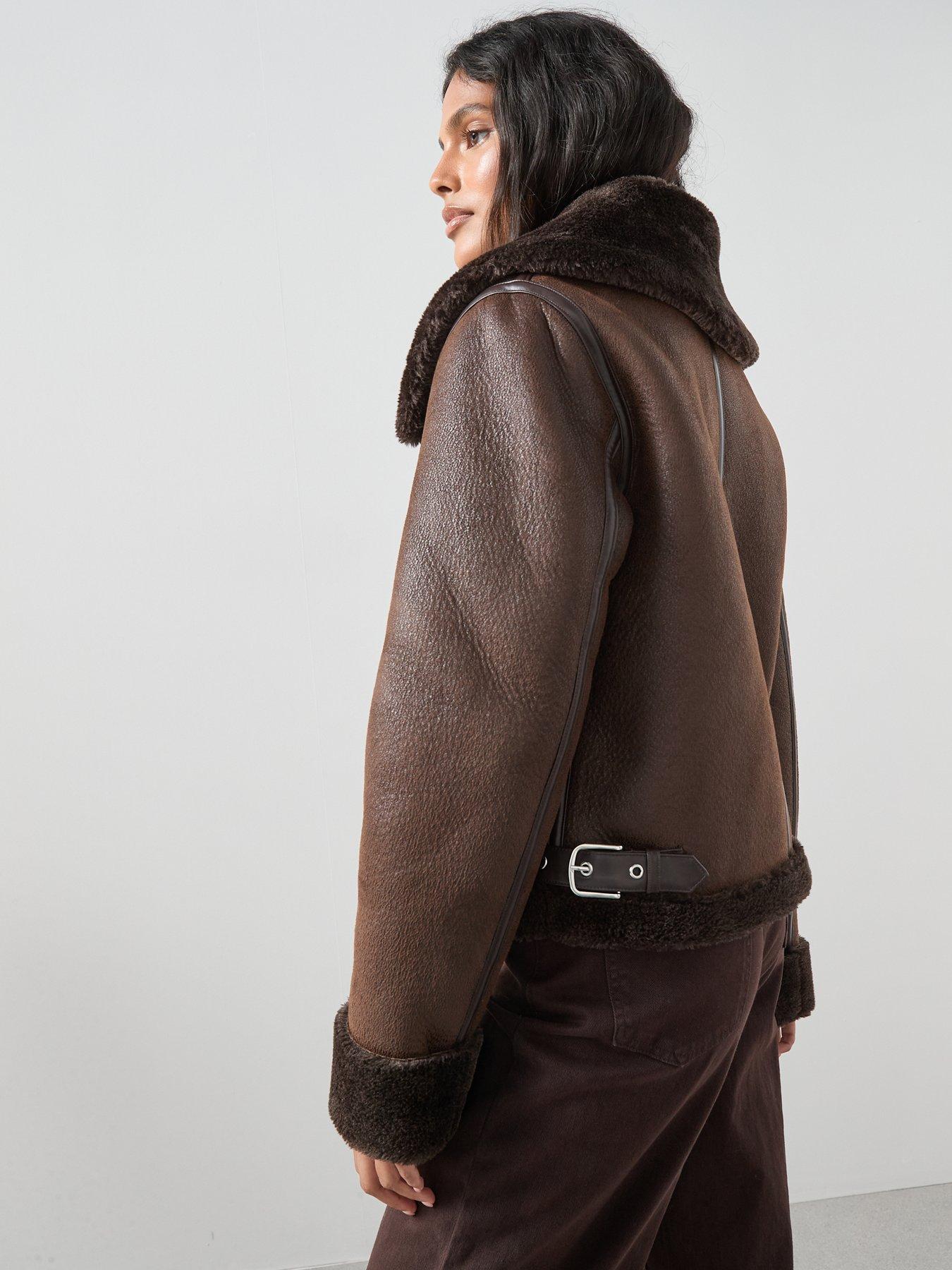 Image 6 of 6 of The Very Collection Faux Shearling Aviator Jacket - Brown
