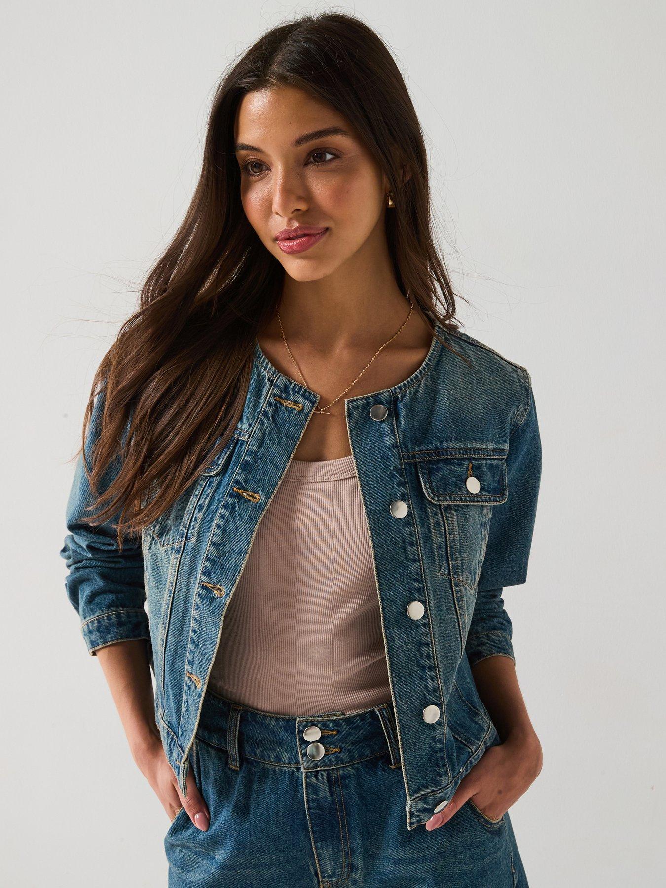 undefined Collarless Denim Jacket - Mid Wash