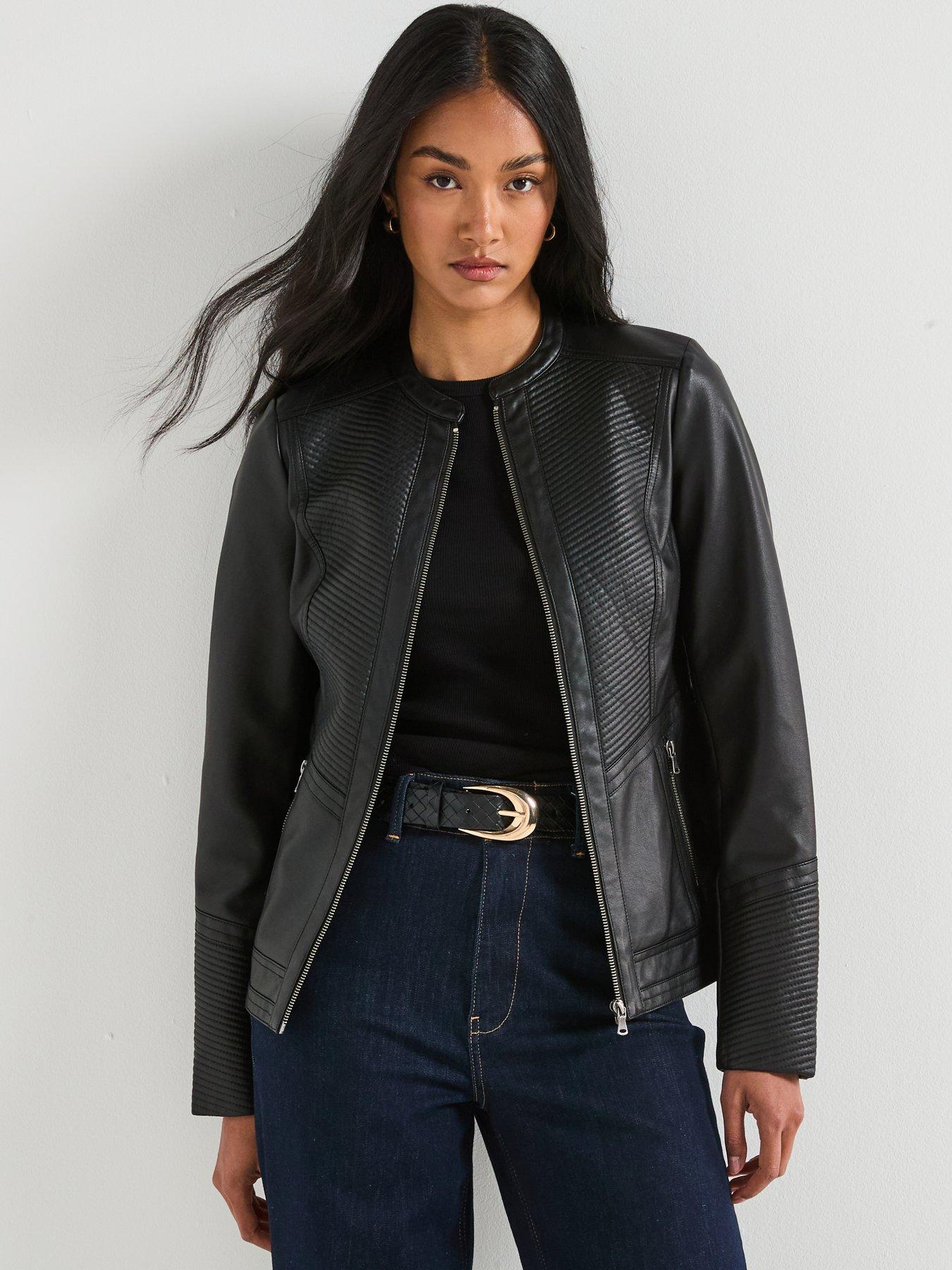 undefined Faux Leather Collarless Stitch Jacket - Black