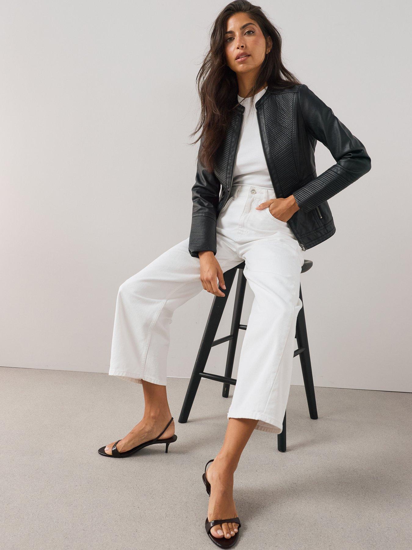 Image 4 of 7 of The Very Collection Faux Leather Collarless Stitch Jacket - Black