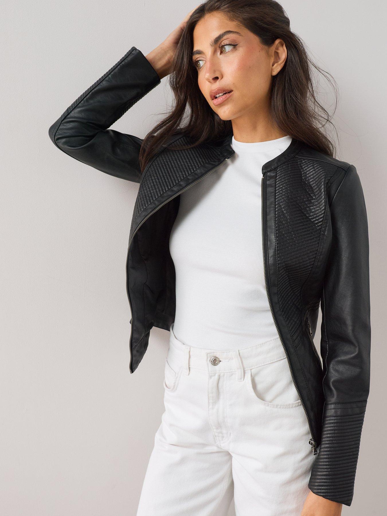 Image 6 of 7 of The Very Collection Faux Leather Collarless Stitch Jacket - Black