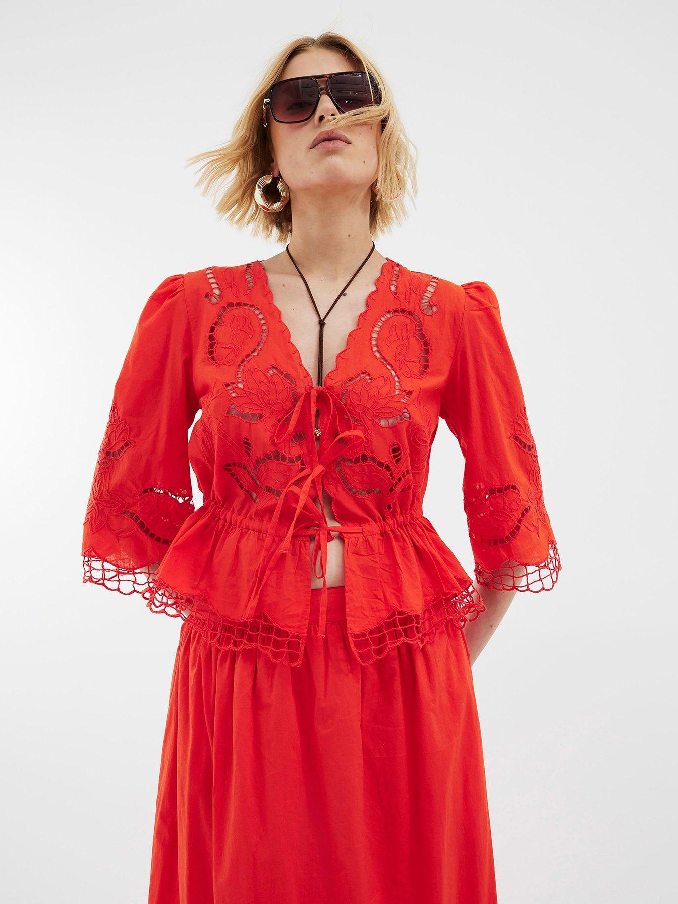 undefined Cutwork Tie Front Blouse - Red