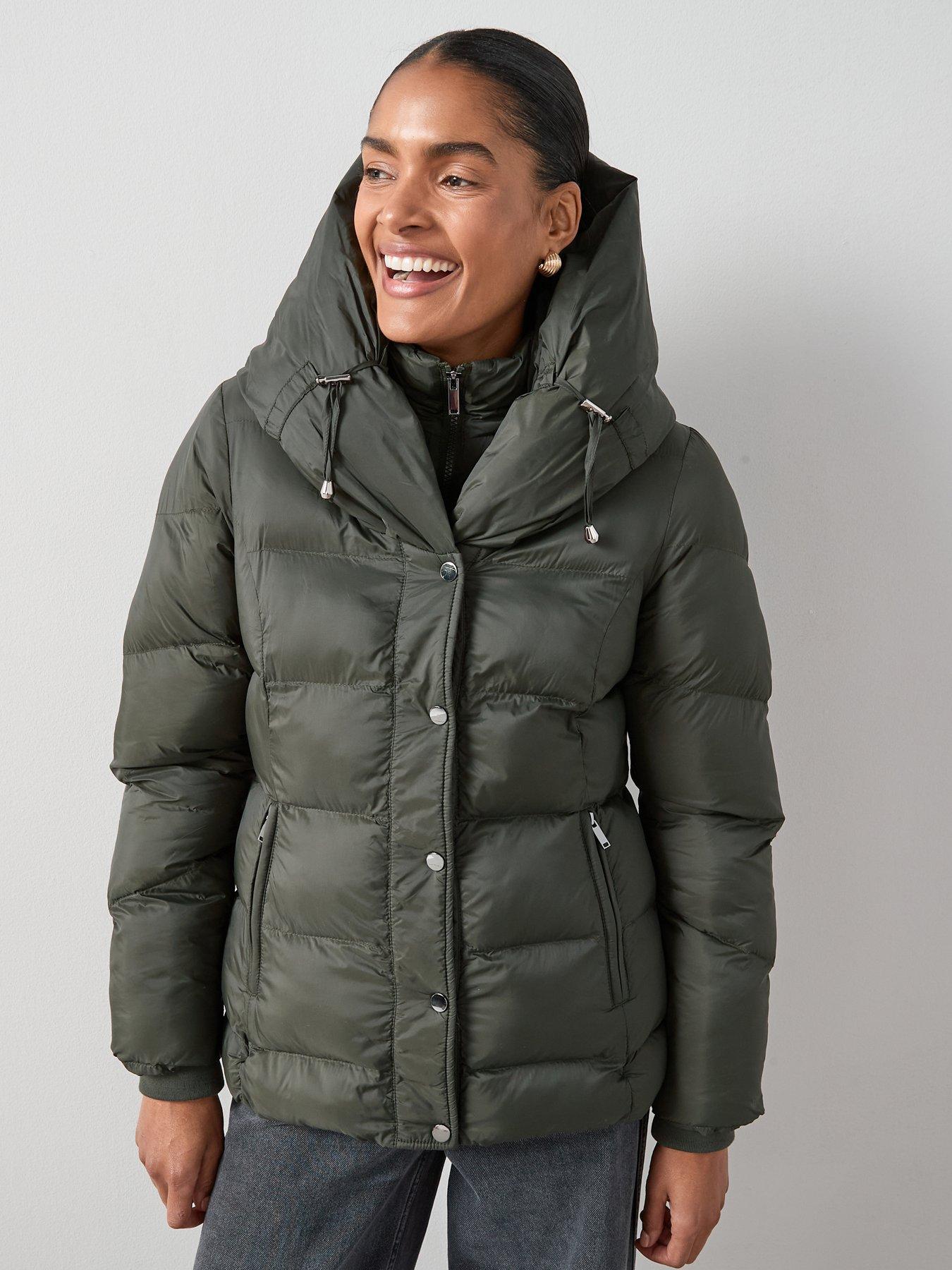 undefined Double Collar Short Padded Coat With Hood - Khaki