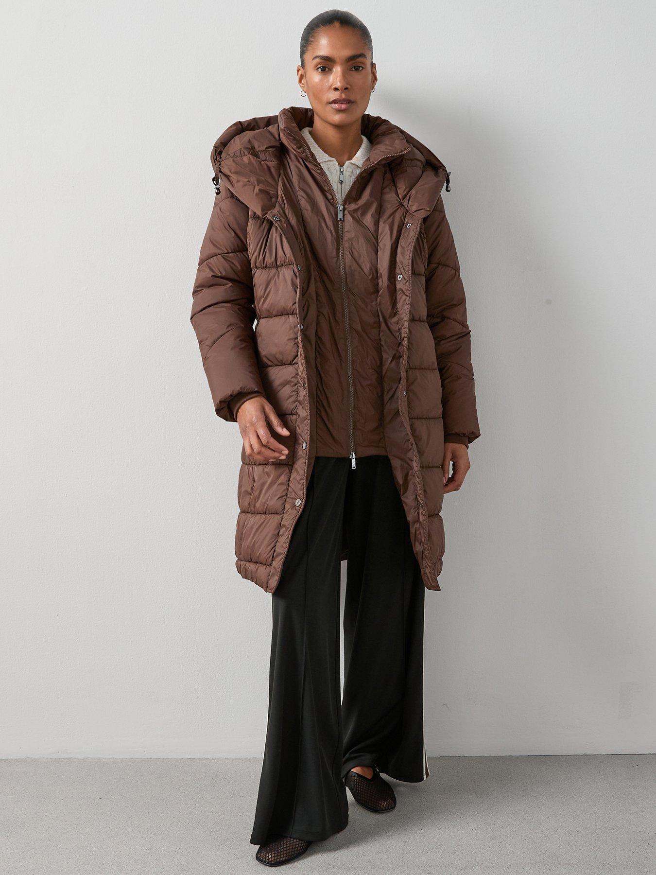 The Very Collection Double Collar Longline Padded Coat With Hood - Brown