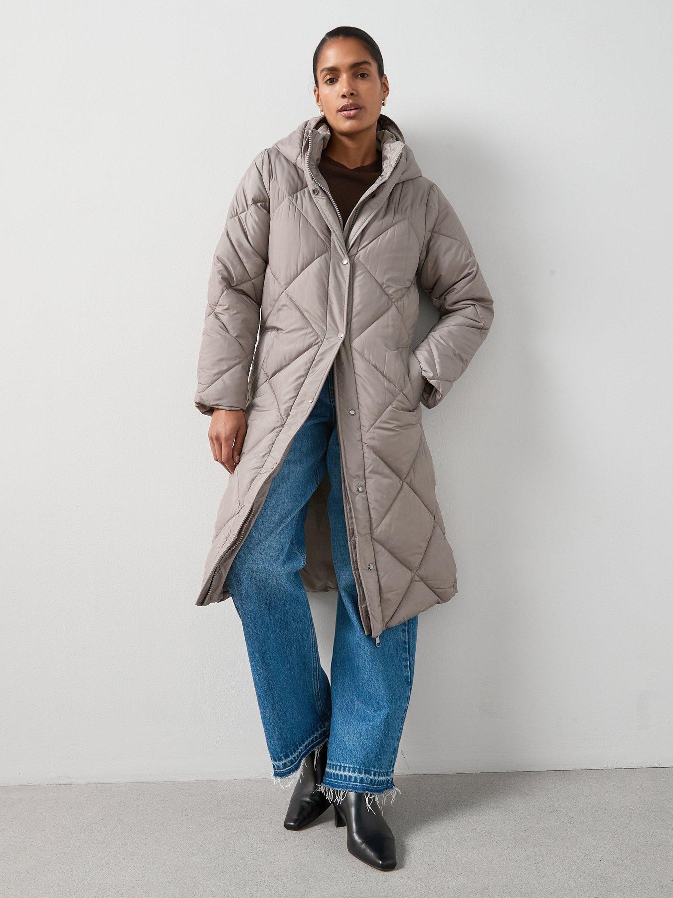 undefined Diamond Quilt Double Placket Longline Sorona Padded Coat - Beige