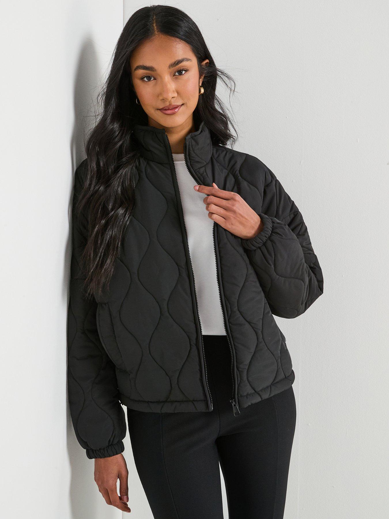 undefined Funnel Neck Quilted Bomber - Black