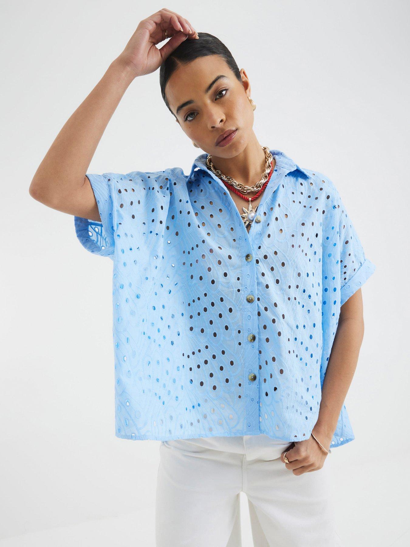 River Island Broderie Shirt - Light Blue